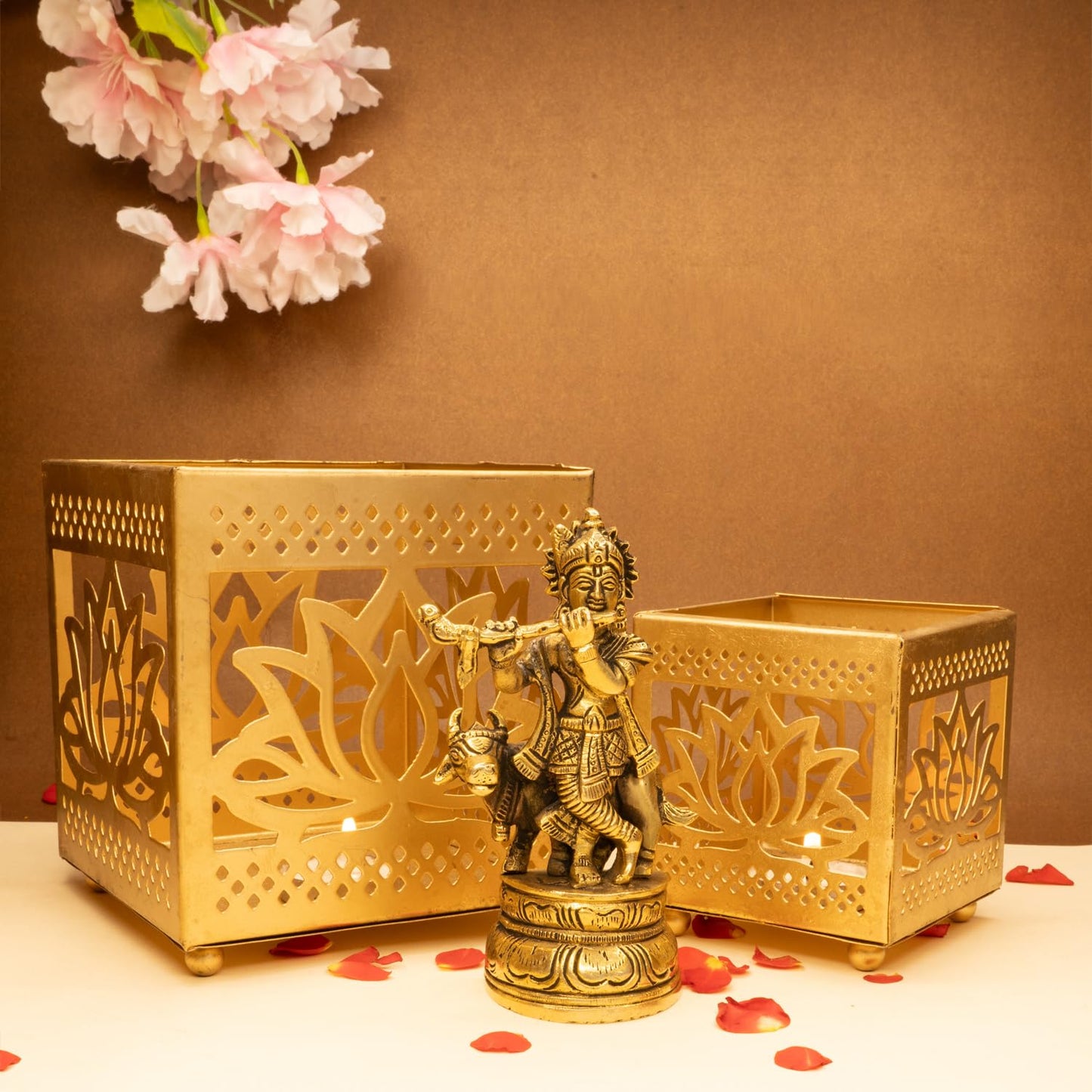 Combo: 100% Pure Brass Lord Krishna Idol & Tealight Candle Holder | 12.8 cm | Home Decor & Gifting