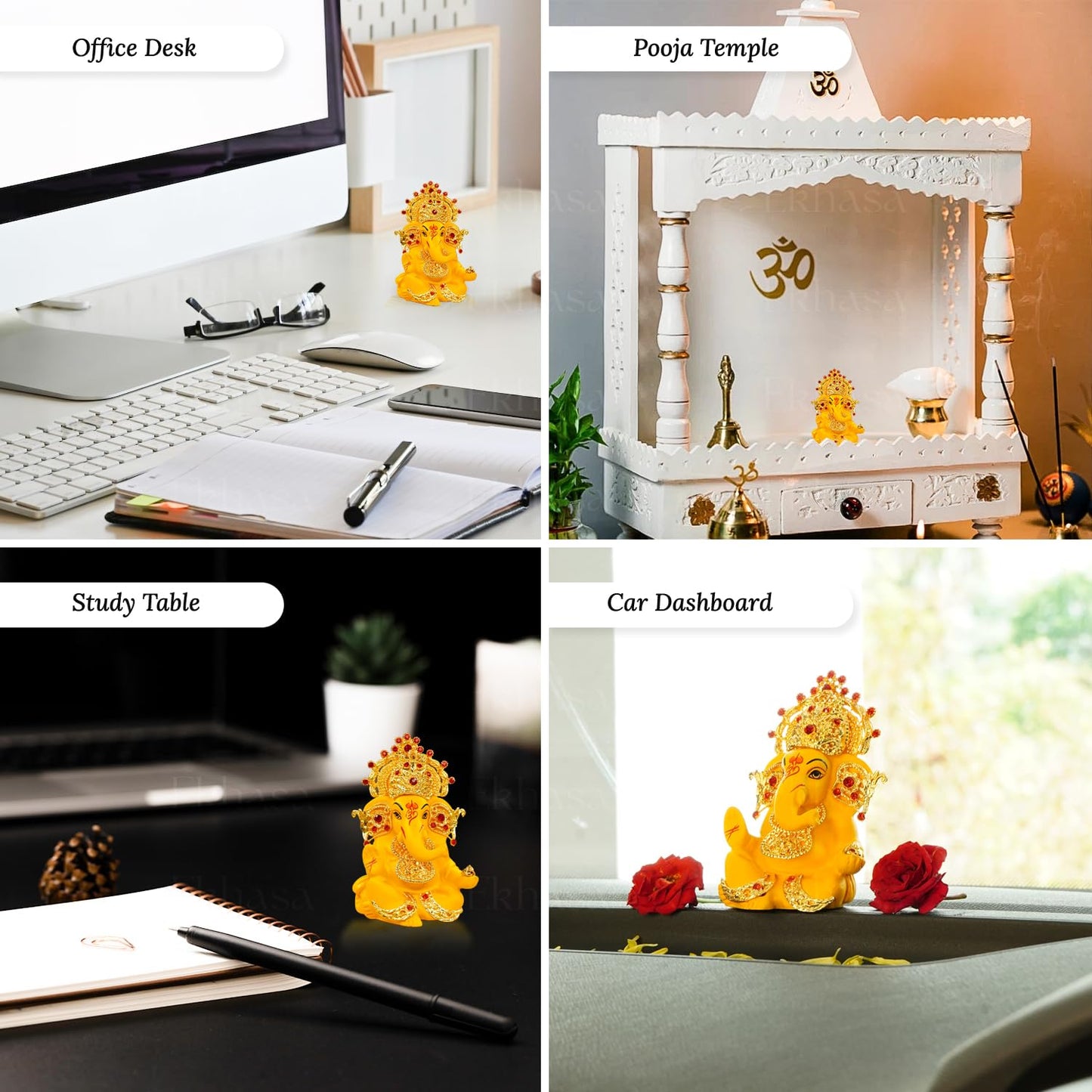 Ganesh Idol for Car Dashboard - Traditional Yellow Resin Statue | Standard Size | Home & Office Decor