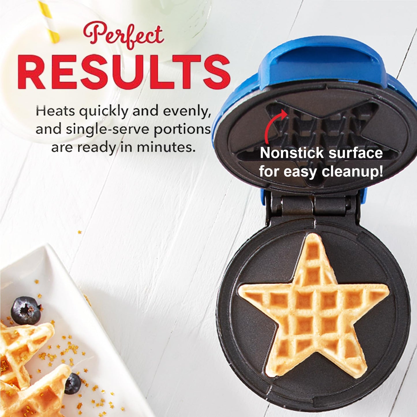 Mini Waffle Maker with Non-Stick Coating & Dual Side Heating | Recipe Booklet Included | 4 Inch | Blue-Star