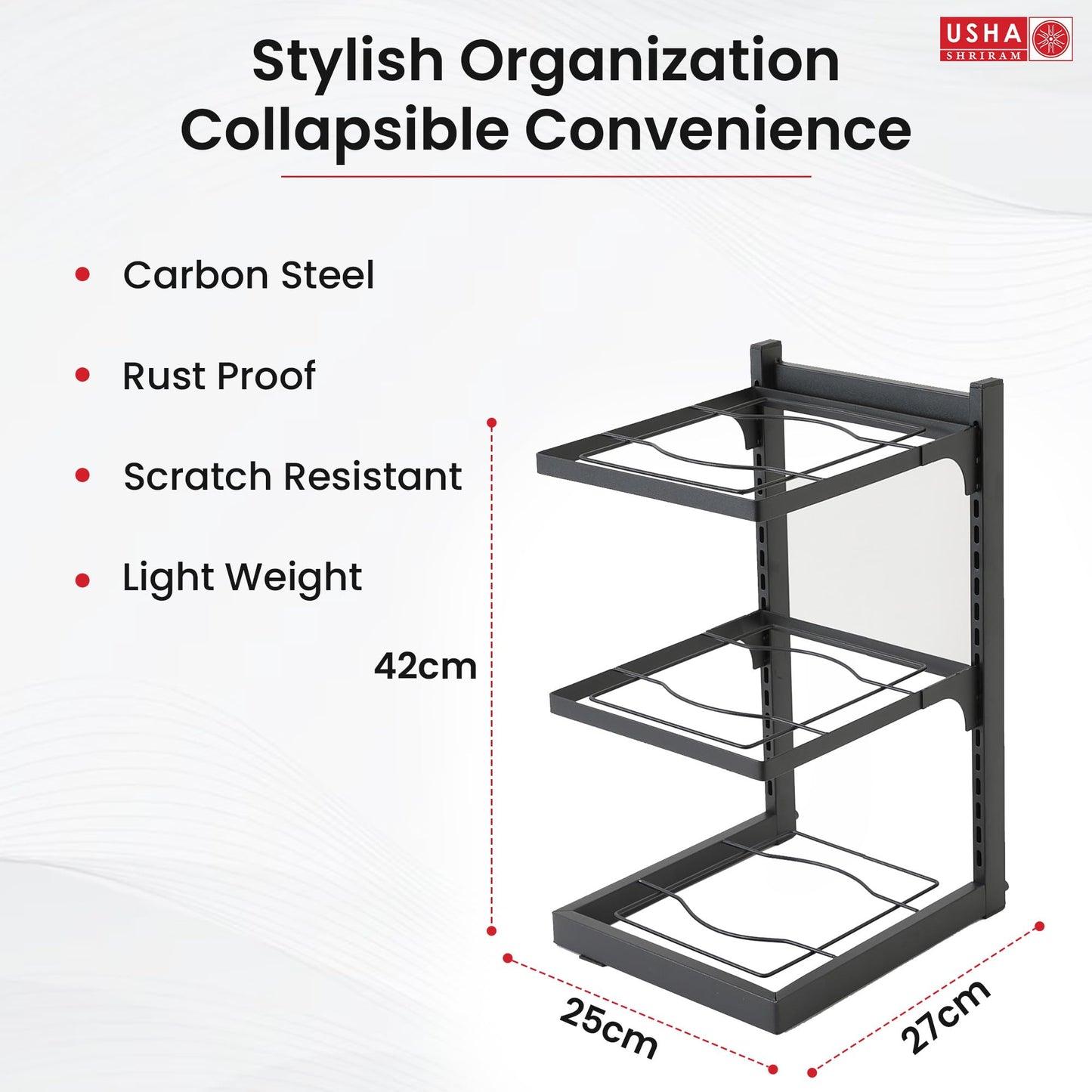 USHA SHRIRAM Carbon Steel | Dish Organiser For Kitchen | Kitchen Side Rack Organiser | Kadai Pan Organiser Rack For Kitchen | Kitchen Appliances Organiser | itchen Shelf Organiser (Pack of 1, 3 Layer)