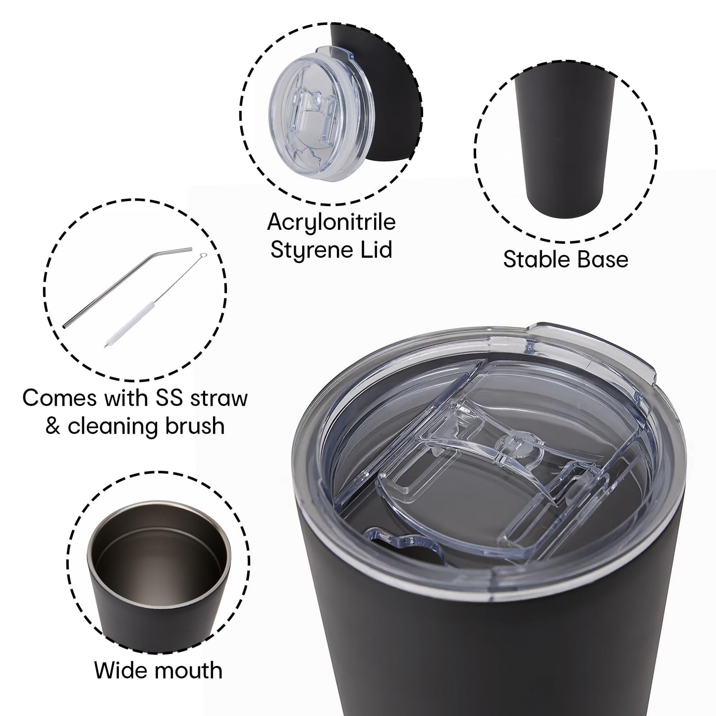 Combo: On The Go Tumbler Set - Double Wall, Vacuum, Airtight | Steel Straw, Cleaning Brush, Lid | 600 ml | Black