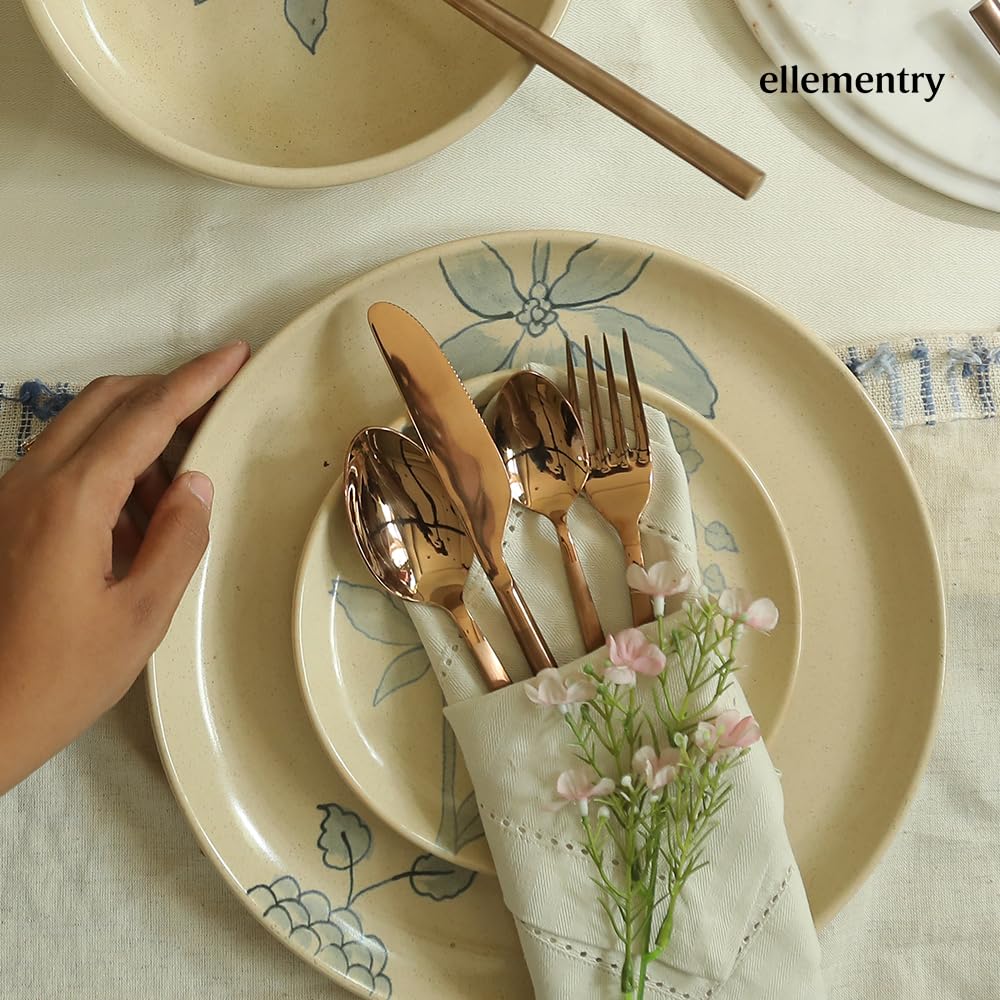 Ellementry Enigma Rose Gold Cutlery Set of 4 | Stainless Steel Set | Food Grade Silverware for Home & Kitchen | Dishwasher Safe | Cutlery Set for Dining Table | Spoon/Fork/Knife Set