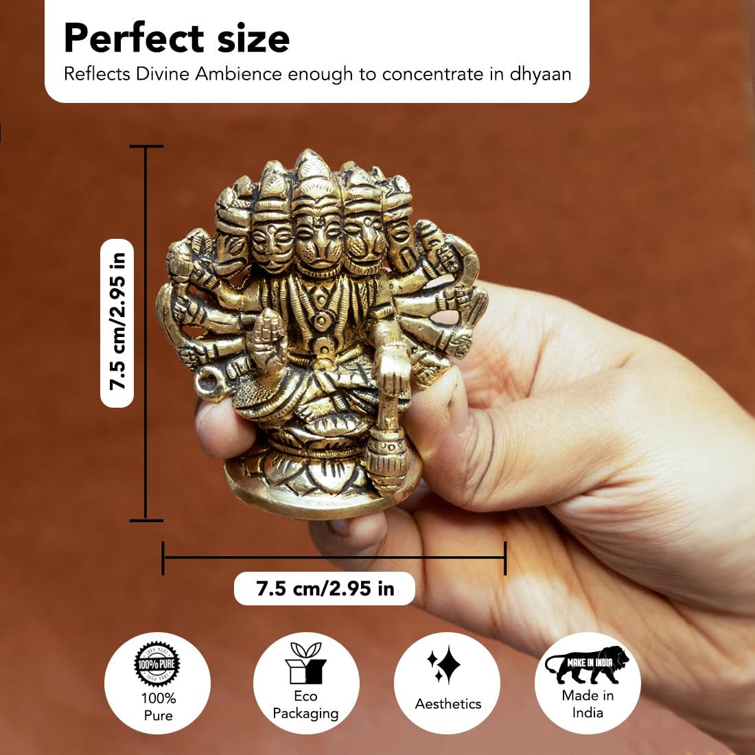 Combo: 100% Pure Brass Panchmukhi Hanuman Murti & Tealight Candle Holder | 8.4 cm | Vastu Protection | Gold