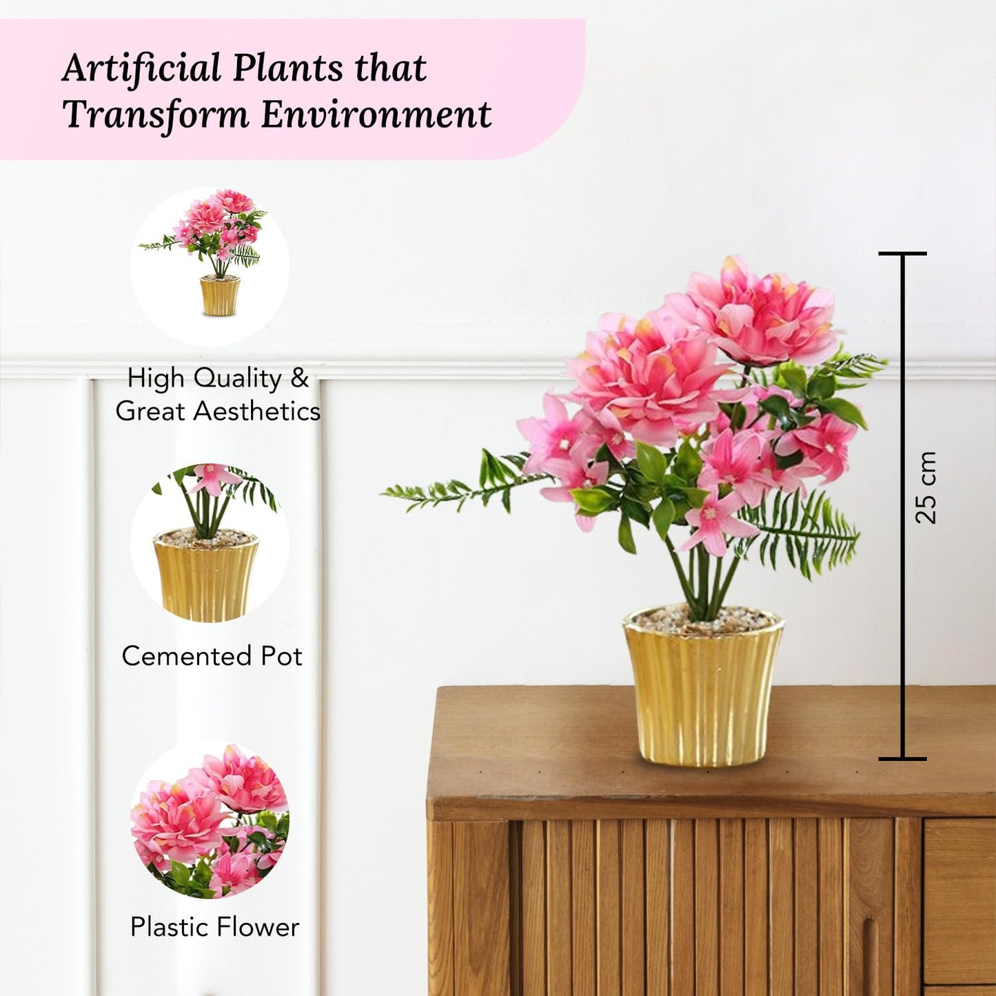 Ekhasa Dahlia Daisy Artificial Flowers with Vase Pot for Home Decoration (25 CM Total Height, 10 Flower Heads) | Guldasta Flower Pots with Artificial Show Flower for Living Room, Bedroom, Hall Decor