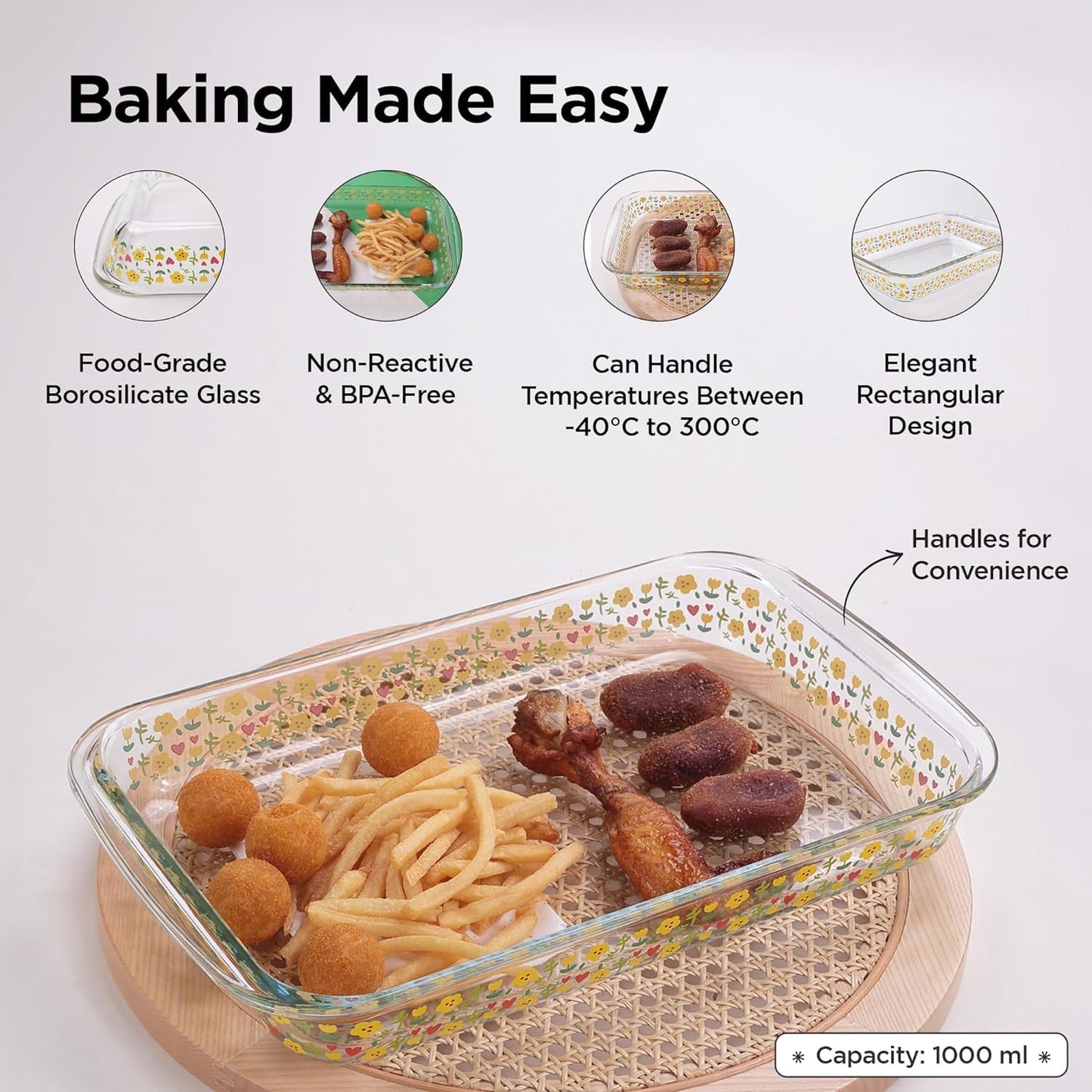 Kuber Industries 1000 ml Borosilicate Printed Glass Baking Tray | Transparent Microwave Oven Safe Utensils | Rectangular Bread Moulds for Baking | Dishwasher Safe | Multipurpose use Serving Tray