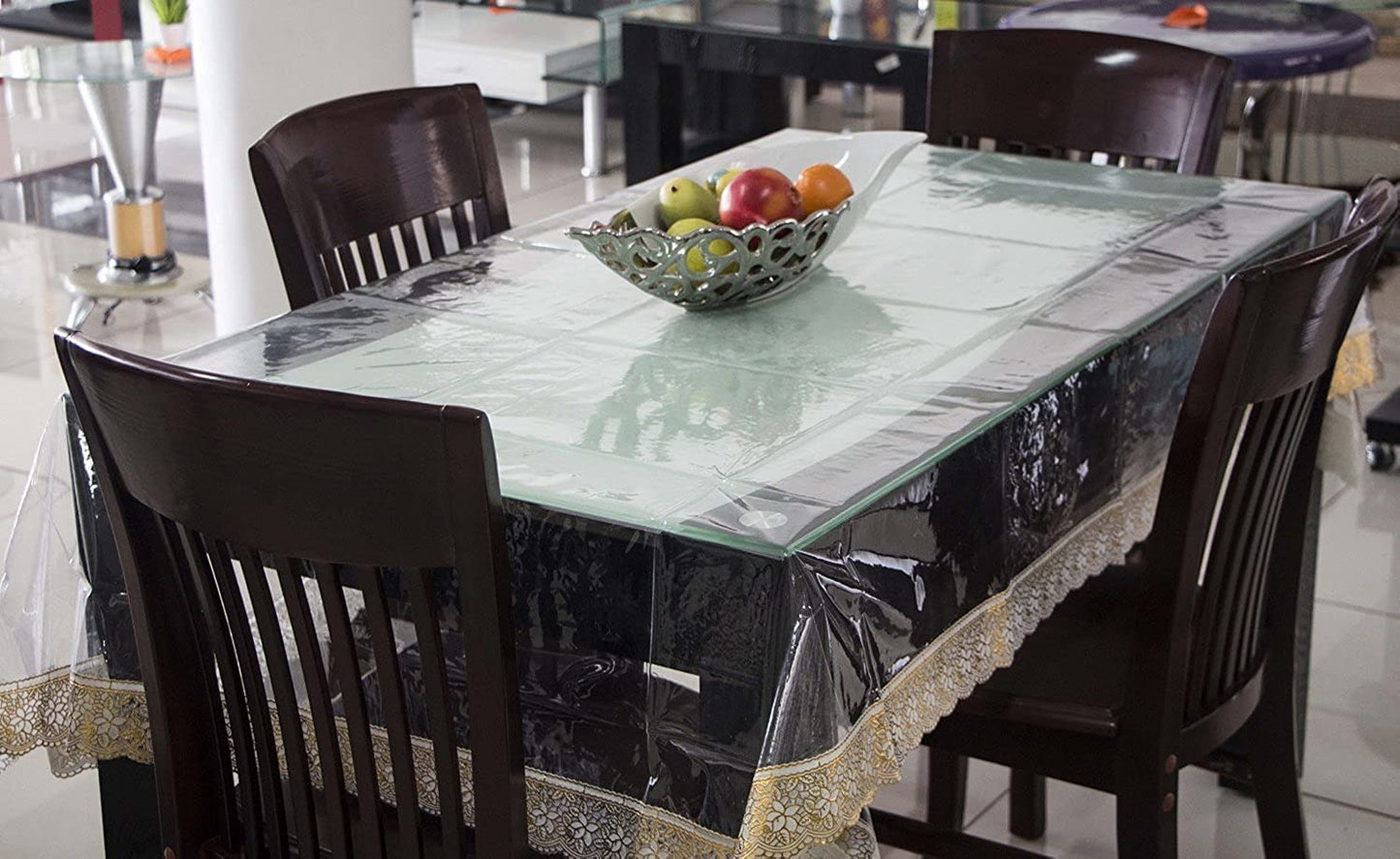 Transparent Dining Table Cover - Glossy, Pleated | Washable | 6 Seater | Gold | All Season, Rectangular