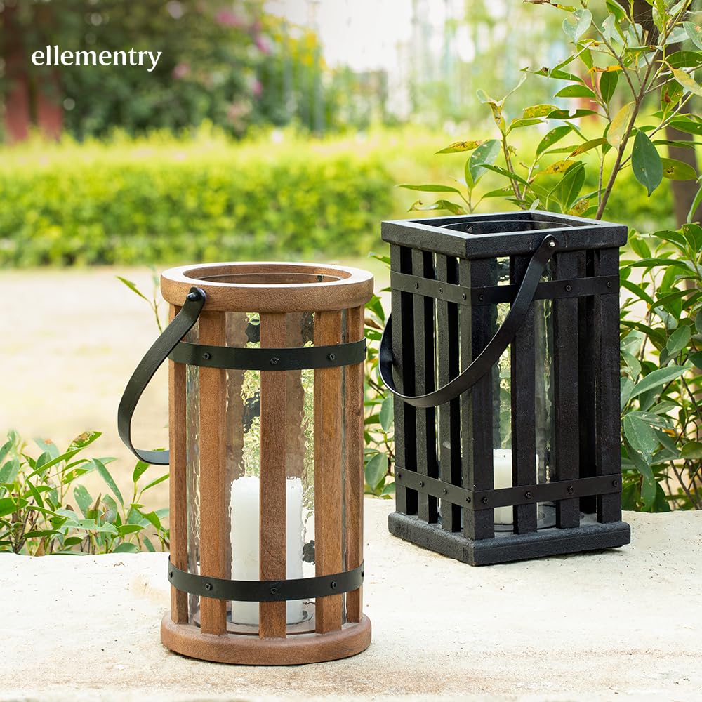 Ellementry Kori Wooden Round Lantern (Black) | Decorative Candle Holder Stands for Balcony and Garden | Hanging Lamps for Home Decoration | Aesthetic Lalten for Vintage Christmas Decor and Gifts