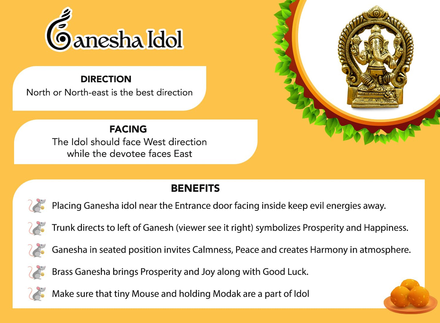 Brass Ganesha Idol - 100% Pure, Polished Finish for Pooja & Home Decor | 8.7 cm | Traditional Gold