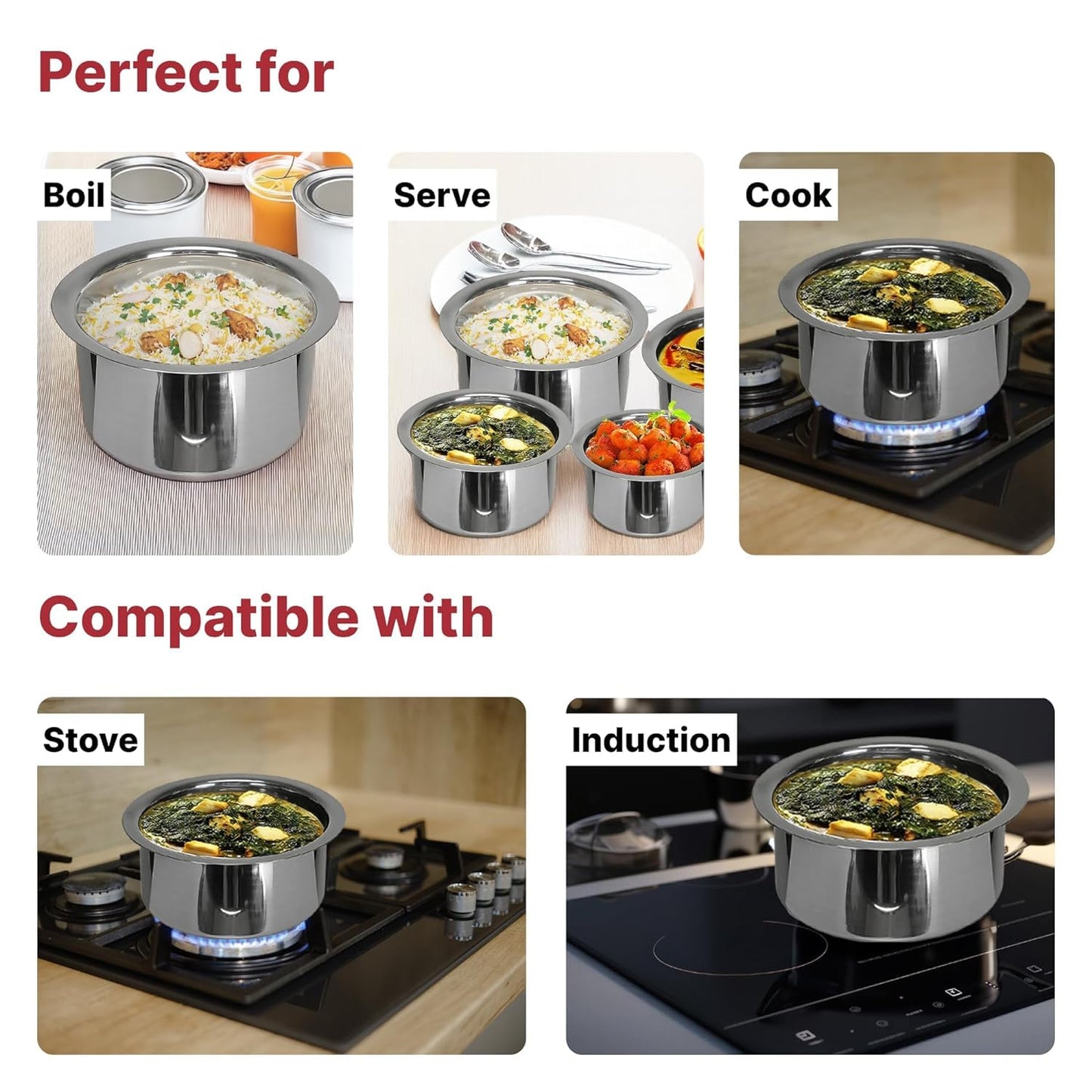 SAVYA HOME Stainless Steel Tope Set with Lid | Food Grade Stainless Steel, Durable & Wobble Free Base | Flat Bottom & Multipurpose | Suitable for Gas & Induction Stove | Tope Kitchen Set of 5