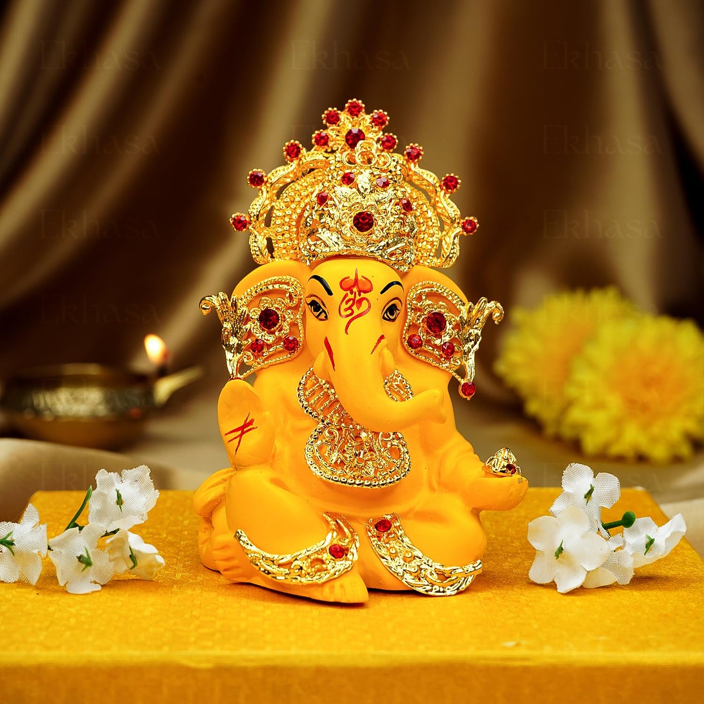 Ganesh Idol for Car Dashboard - Traditional Yellow Resin Statue | Standard Size | Home & Office Decor