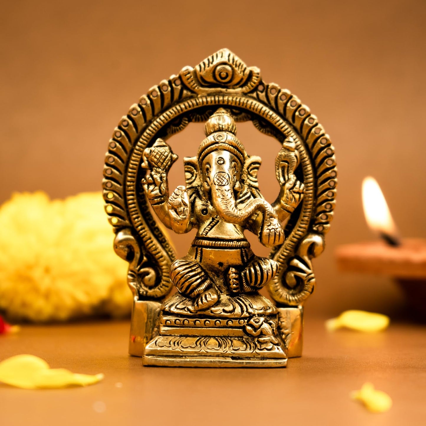 Brass Ganesha Idol - 100% Pure, Polished Finish for Pooja & Home Decor | 8.7 cm | Traditional Gold