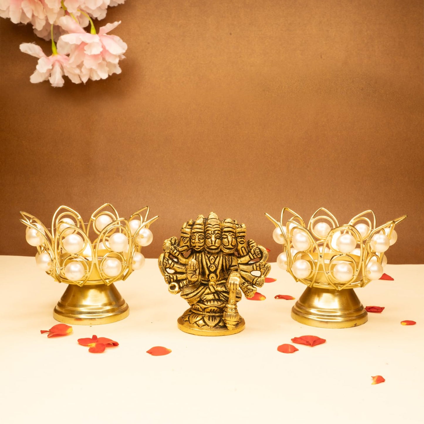 Combo: 100% Pure Brass Panchmukhi Hanuman Murti & Tealight Candle Holder | 8.4 cm | Vastu Protection | Gold