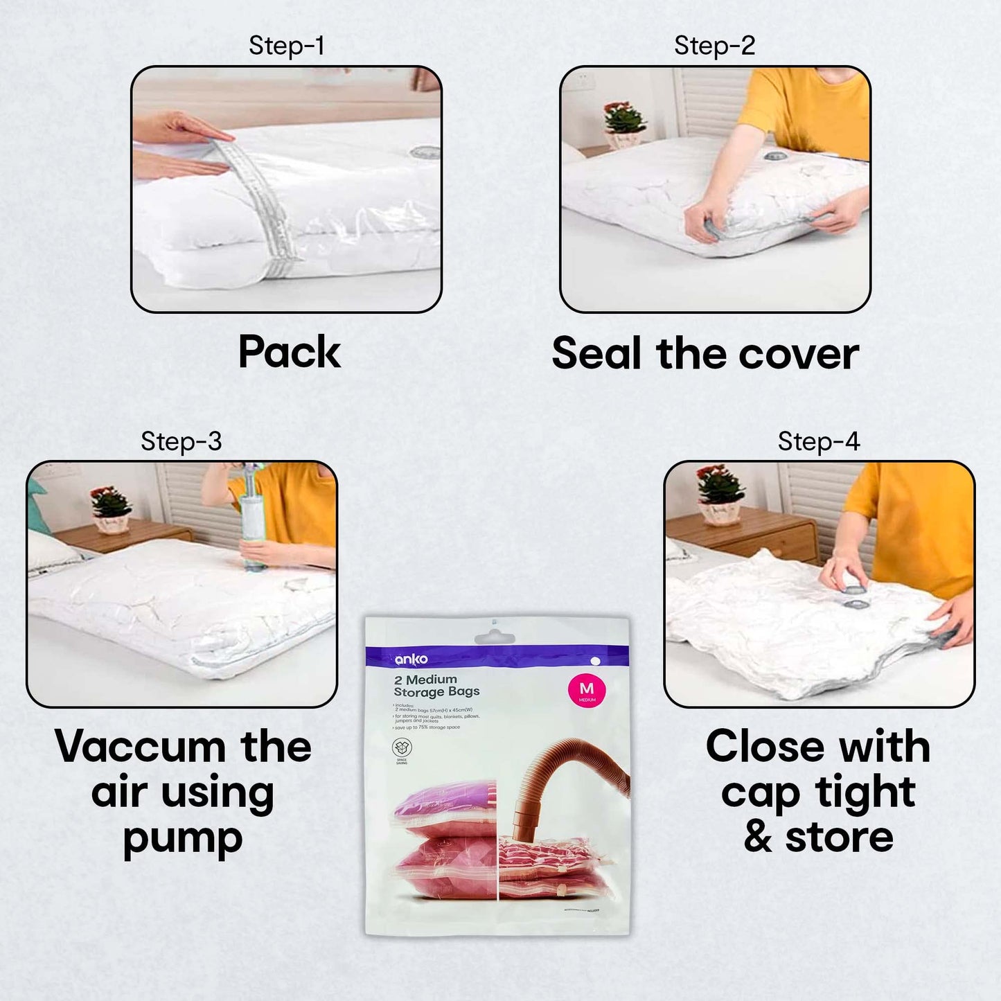 Combo: Set of 2 Medium Size Vacuum Storage Bags - Thick, Reusable | Free Pump Included | 23cm x 4.5cm | White