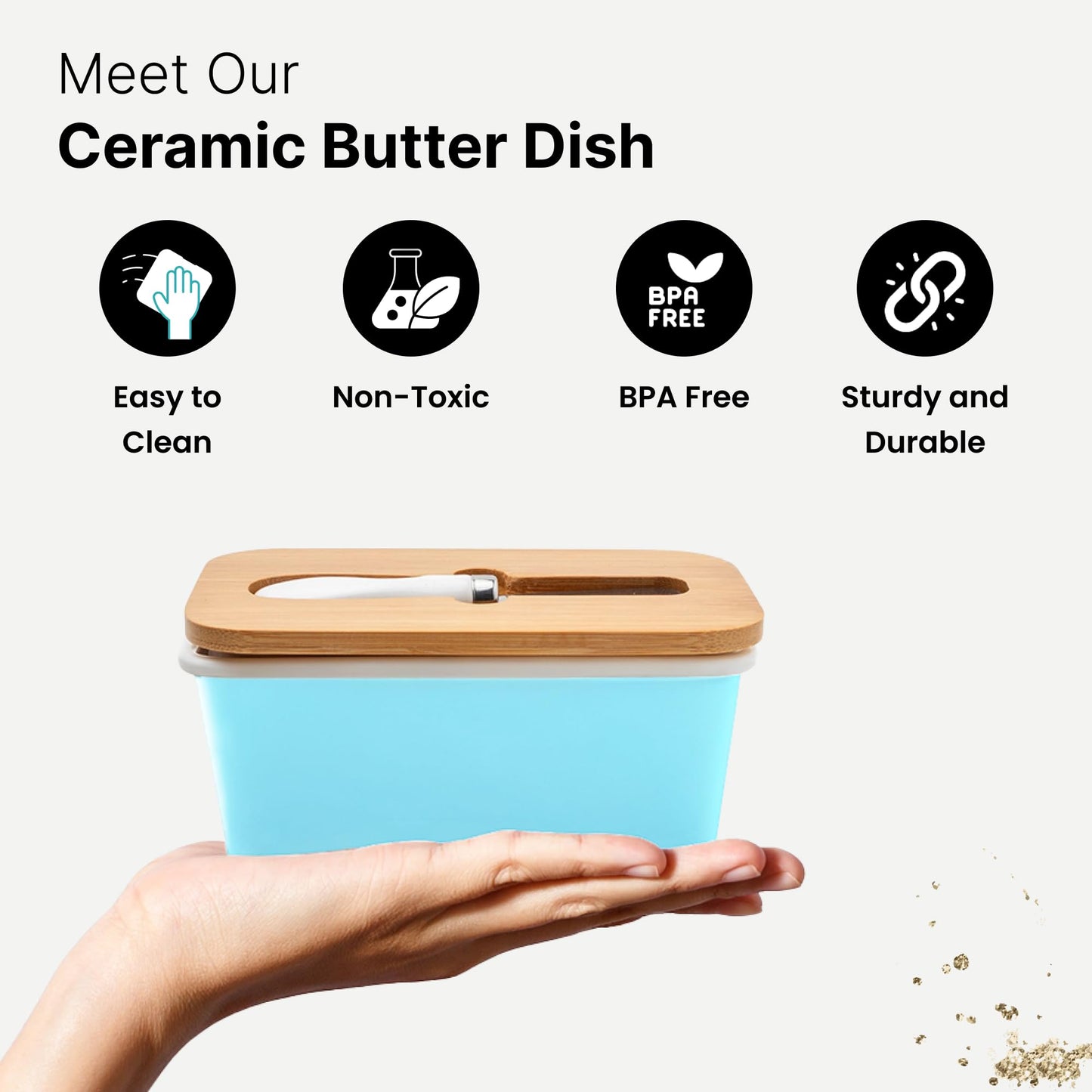 UMAI Ceramic Butter Dish with Lid & Knife (600ml) | Butter/Cheese Box for Fridge | Wooden Airtight Lid with Sealed Silicone Ring | Butter Container | Butter Holder/Case (Blue, Pack of 1)