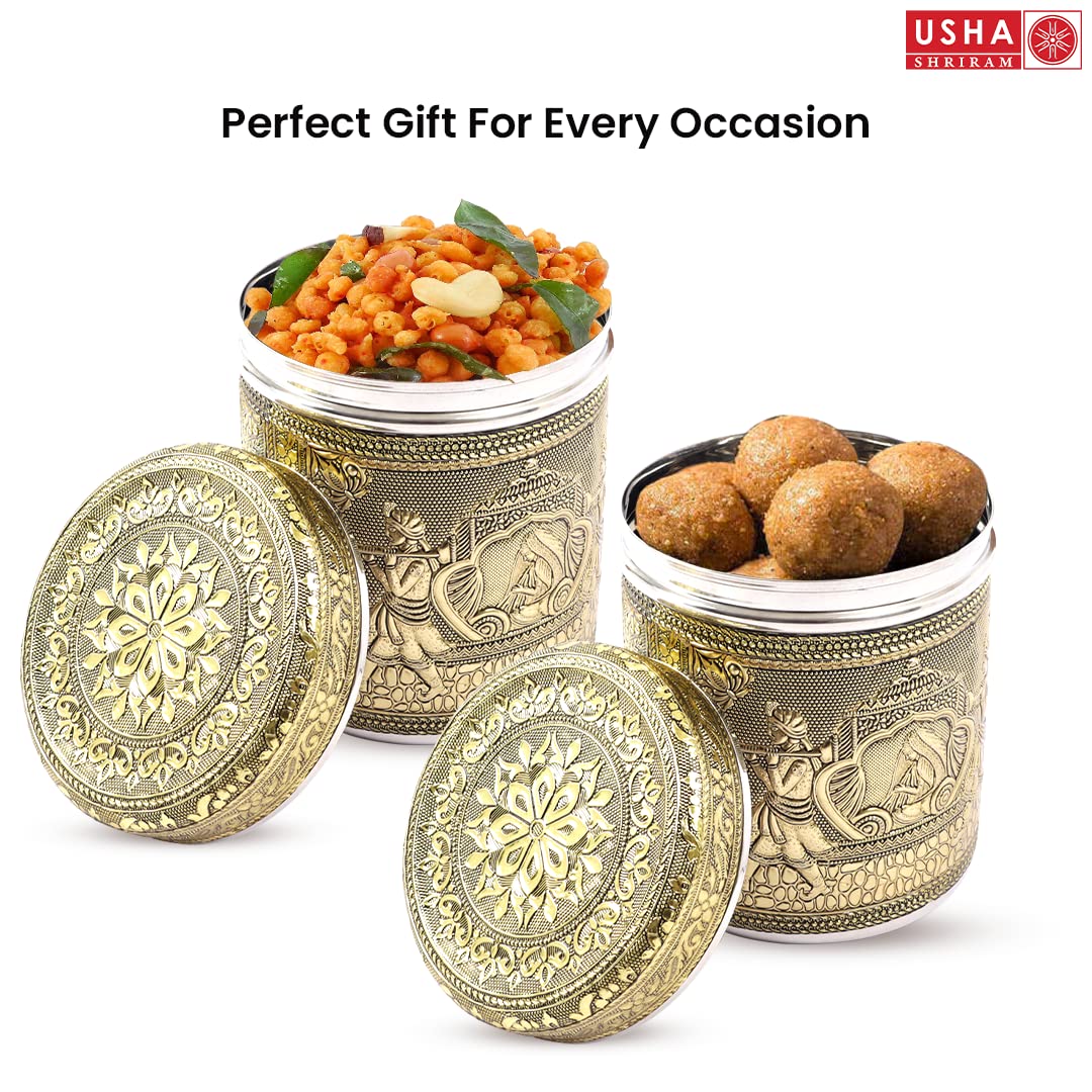 USHA SHRIRAM Stainless Steel Crafted Storage Box |Gift Set | Kitchen Storage Organiser | Dabba For Kitchen | Rust Proof | Multi Purpose Box (Silver - 800ml (2Pcs)) (Ambrose)