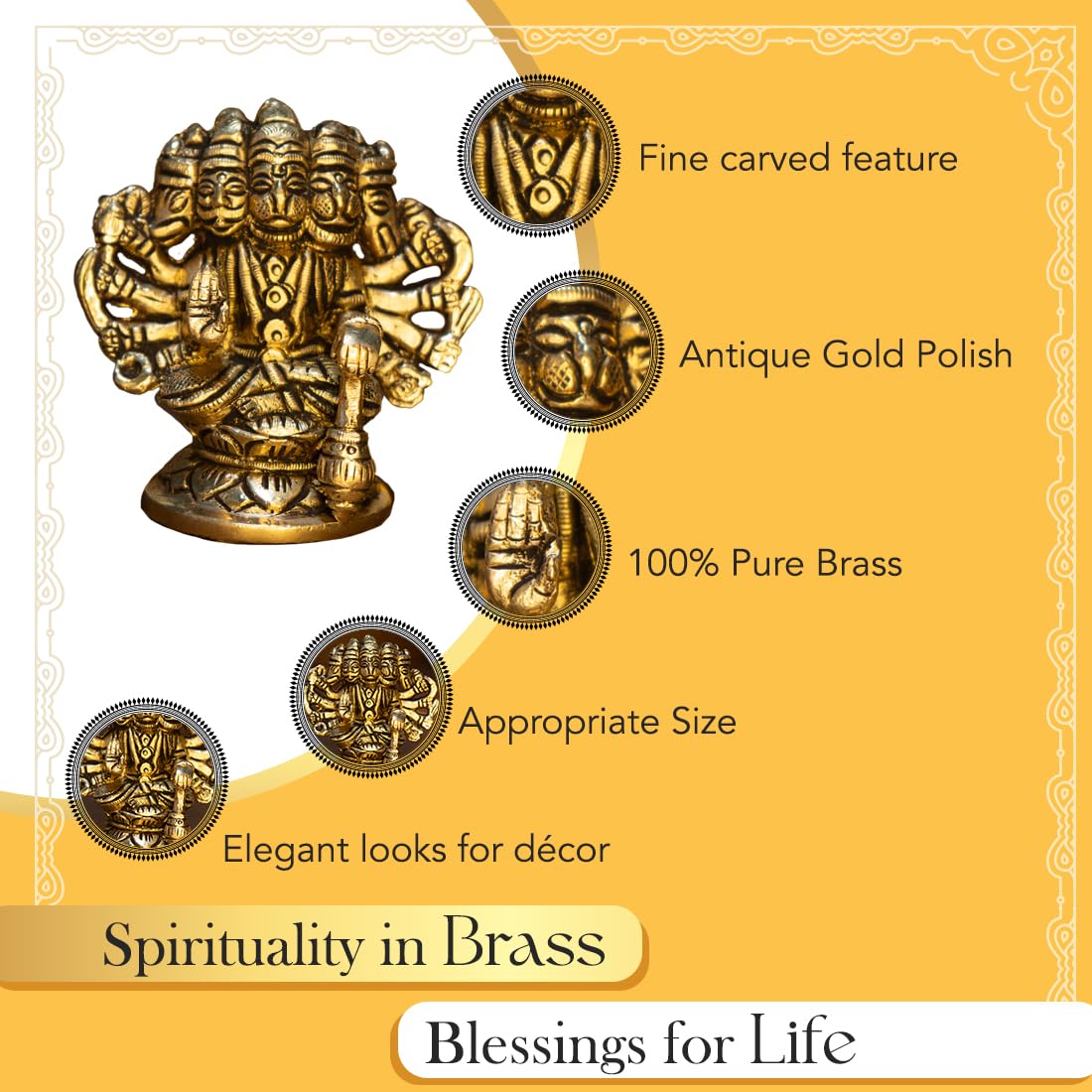 Combo: 100% Pure Brass Panchmukhi Hanuman Murti & Tealight Candle Holder | 8.4 cm | Vastu Protection | Gold