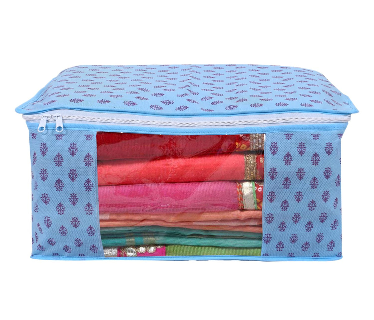 Pack of 6: Floral Print Non-Woven Foldable Saree Covers | Durable | 45 x 32 x 23 cm | Sky Blue