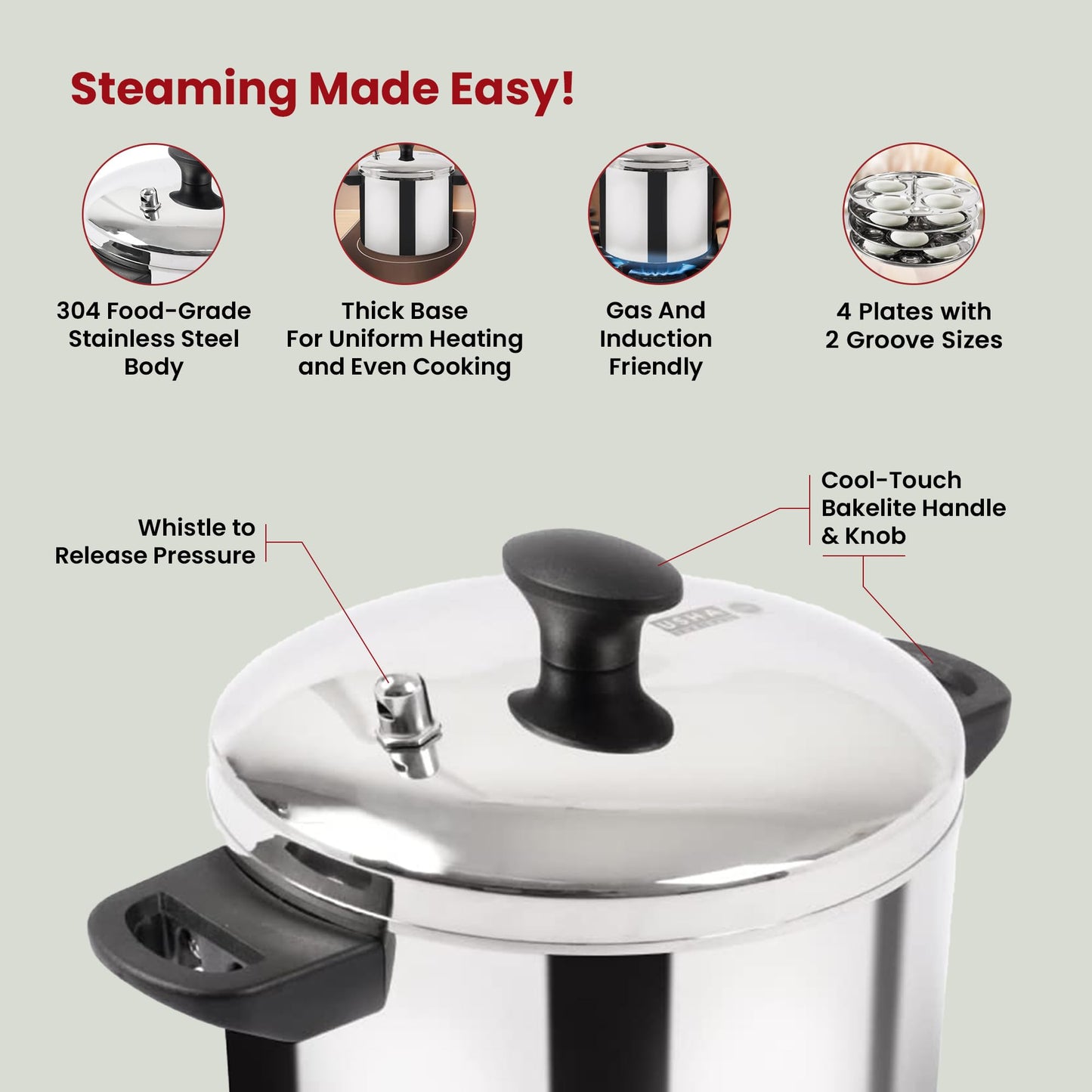 USHA SHRIRAM Stainless Steel Idli Cooker | Induction & Gas Friendly | Idly Maker with Stand | Steel Steamer For Cooking (Steamer + Idli Stand Combo (4 Plate))