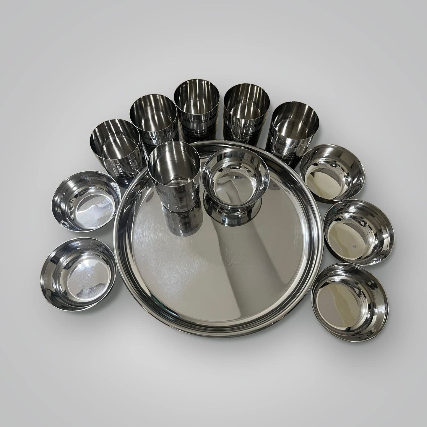 USHA SHRIRAM Stainless Steel Plate Bowl Glass Set | Family Dinner Gift Set | Quality SS, Deep Base | Glossy Finish, Durable, Easy to Clean, Stackable (Dinner Set - 18 Pcs)