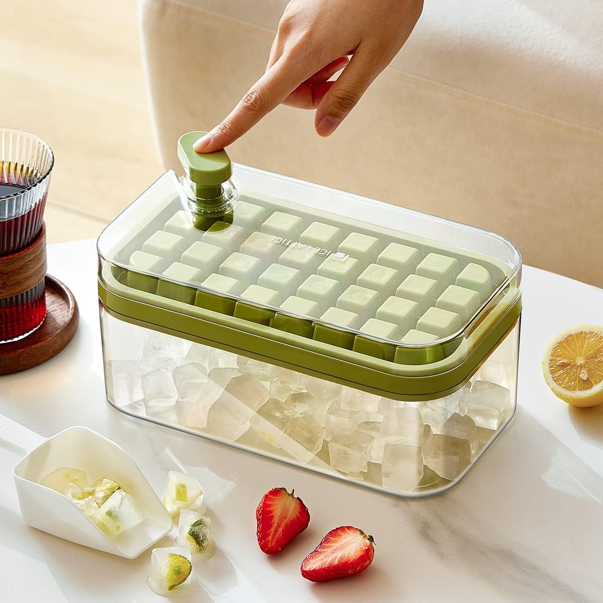 Kuber Industries Pack of 6| 2 Layer Ice Cube Tray with Lid | Ice Cube Storage Box with Ice Scoop | 64 Ice Cube Molds for Freezing | One-Press Demolding | BPA Free | Green