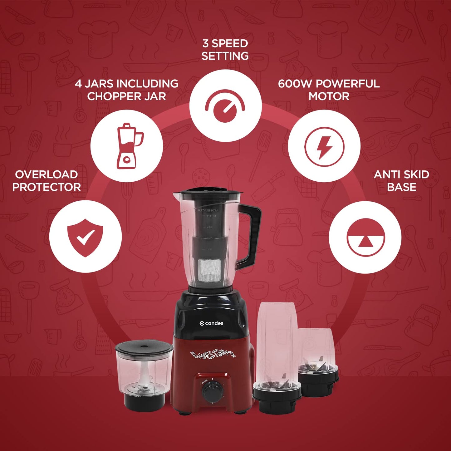 Candes Pearl 600 W Mixer Grinder 4 Jars - Black, Red (1 Year Warranty + 2 Year on Motor Only)