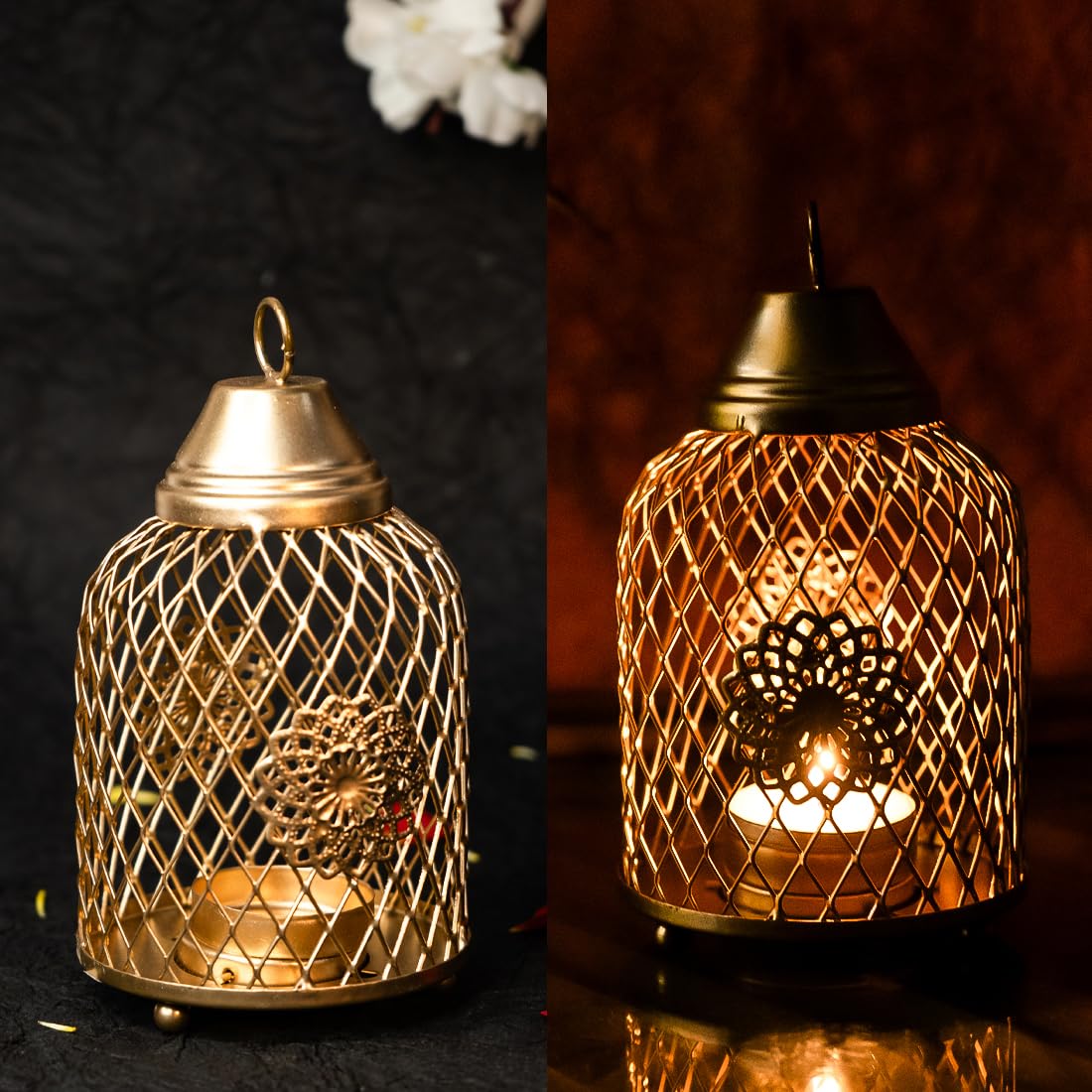 Ekhasa Metal Tealight Candle Holder for Home Decor Perfect Candle Stand for Diwali Decoration and Table Decor Indoor & Outdoor, Festival Decorative Candles Gift Items (Cage Tealight Holder), Gold