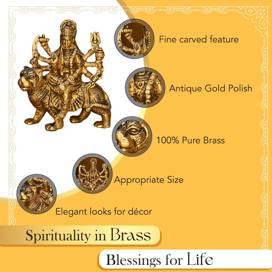 Combo: Pure Brass Durga Maa Idol & Tealight Candle Holder | Perfect for Home Decor & Office Desk | 12.8 cm | Gold