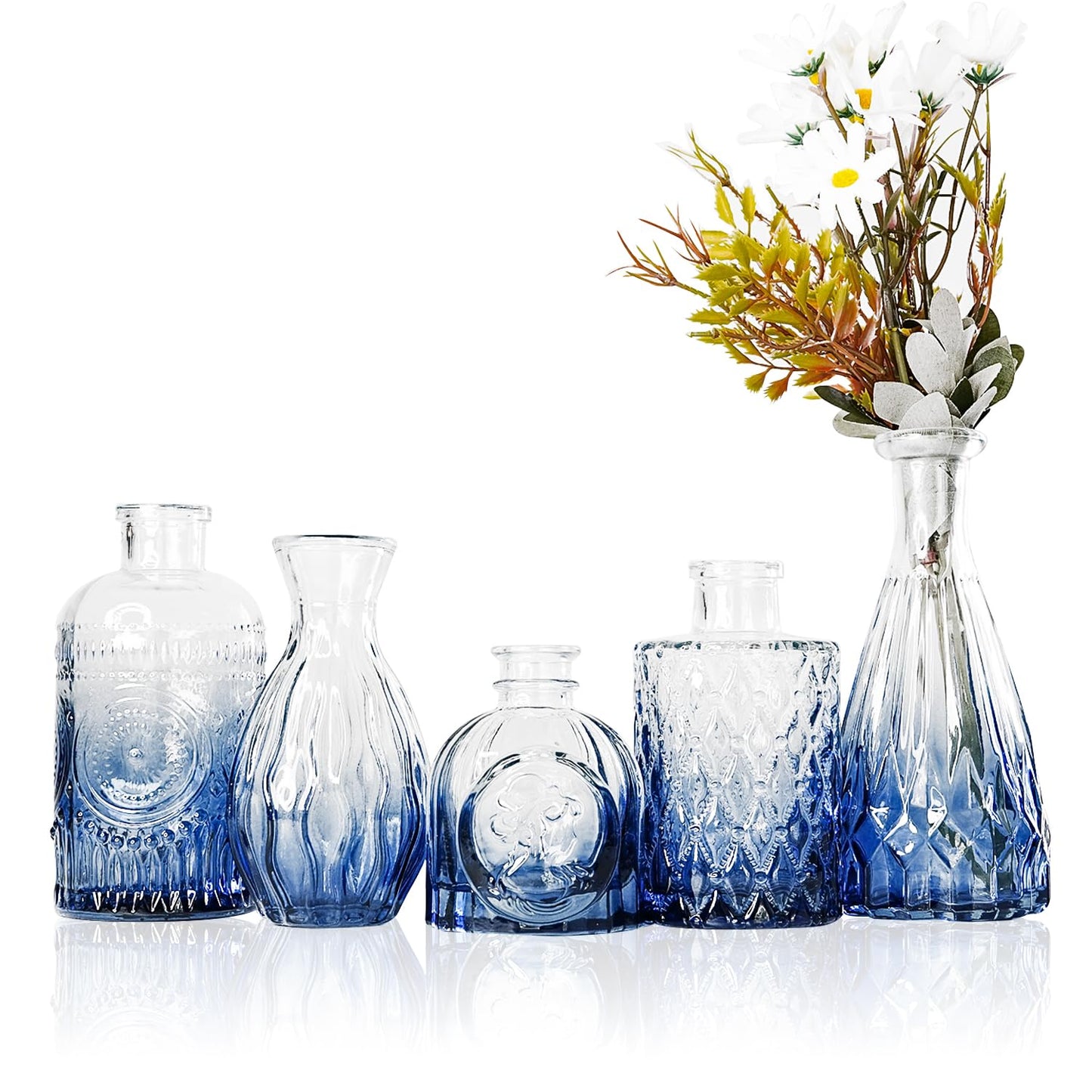 Ekhasa 100% Crystal Blue Glass Bud Vases Flower Pots for Home Decoration (Set of 5) | Center Table Mini Decorative Items | Transparent Glass Vase for Water Plants | Glass Planters for Indoor Plants