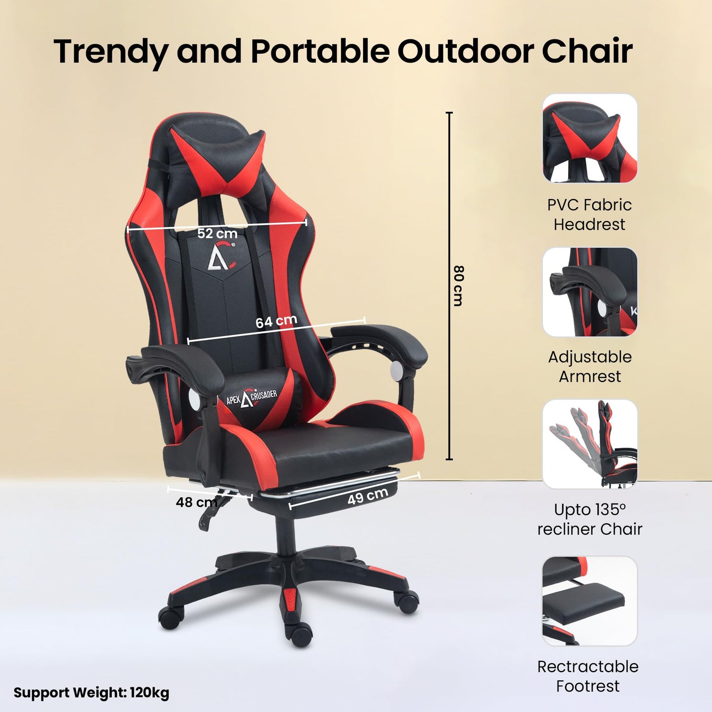 Gaming Chair with Adjustable Headrest & Lumbar Support | Footrest & Stretchable Armrest | 90 x 190 cm | Red