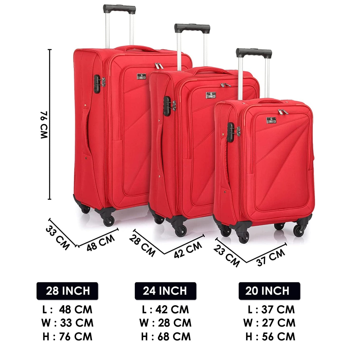 Combo of 3: Polyester Softcase Suitcases - Varied Sizes, Four Wheel Trolley Bags | Red | 76, 68, 56 cm