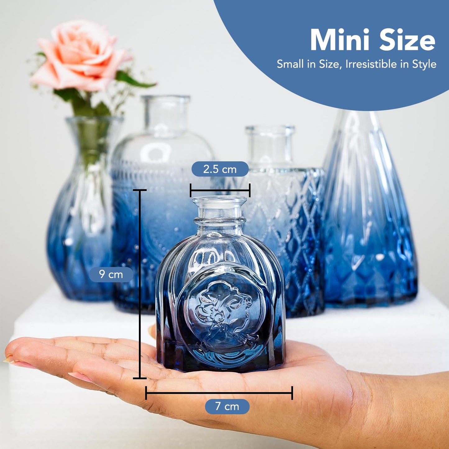 Ekhasa 100% Crystal Blue Glass Bud Vases Flower Pots for Home Decoration (Set of 5) | Center Table Mini Decorative Items | Transparent Glass Vase for Water Plants | Glass Planters for Indoor Plants