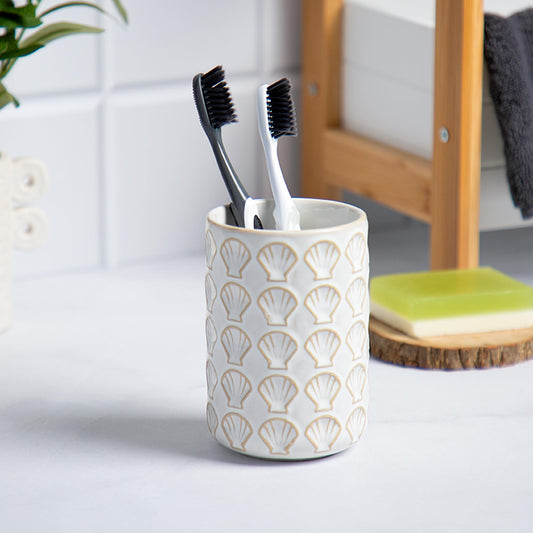 Stoneware Toothbrush Holder - Ribbed Design, Organiser for Bathroom | Holds Toothbrush, Razor, Comb | White