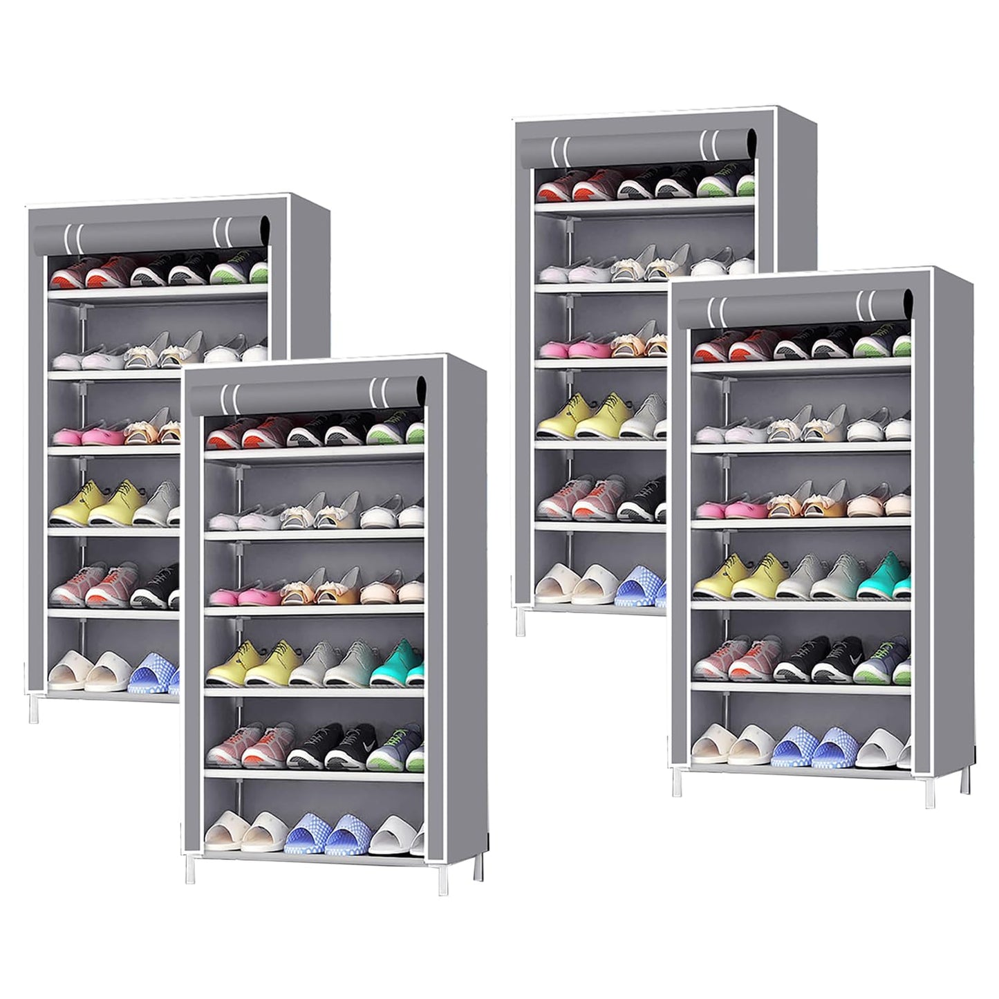 Pack of 4: Foldable Shoe Rack - 6 Shelves, Non-Woven | Storage Organizer for Shoes & Books | Grey