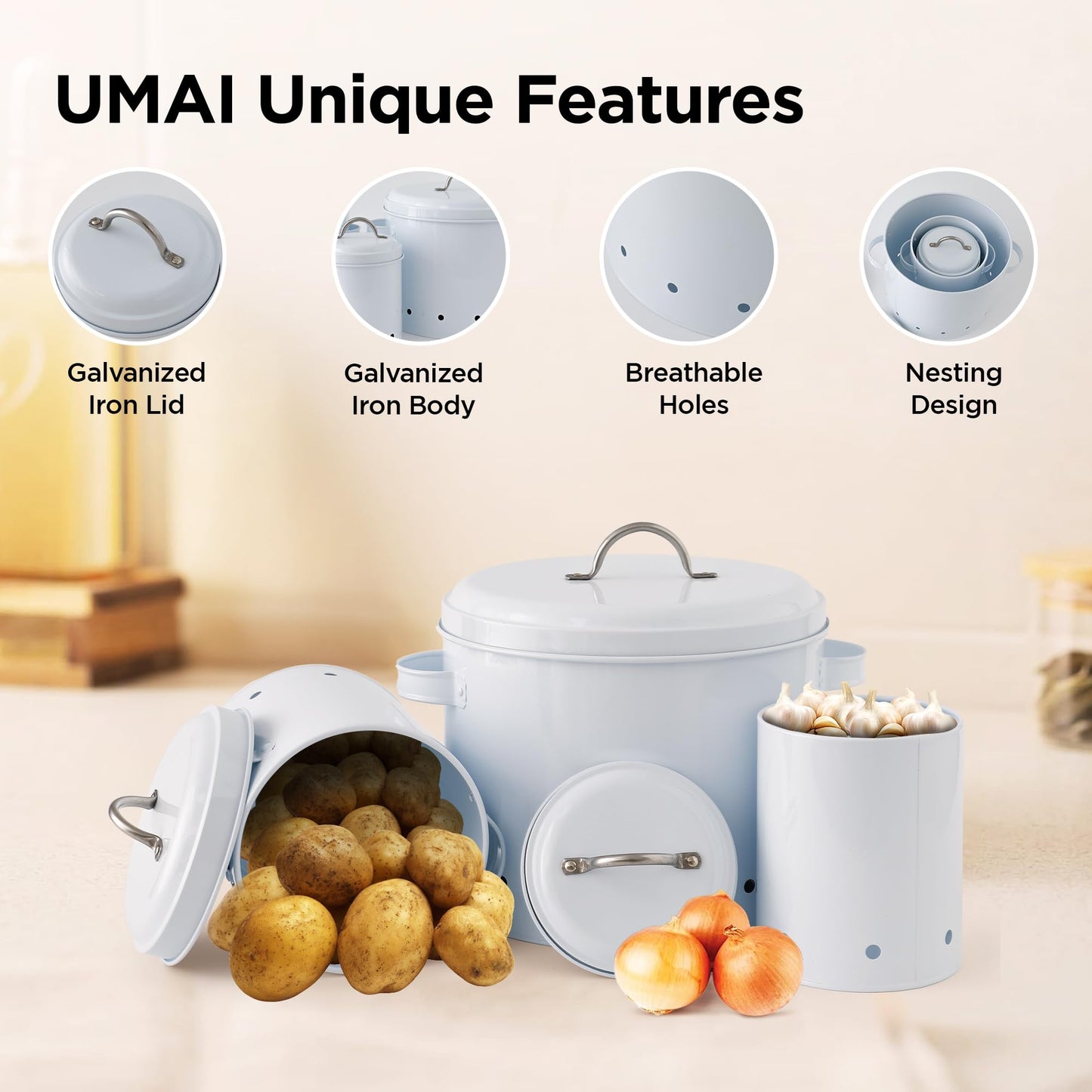 UMAI Metal Potato,Onion,Garlic Storage Container|Vegtable Basket For Kitchen|Kitchen Organizer Items & Storage|Storage Organizer|Storage Box|Set Of 3(11.2X14.5Cm,14X17.5Cm & 22.5X19.3Cm)|White,Beige