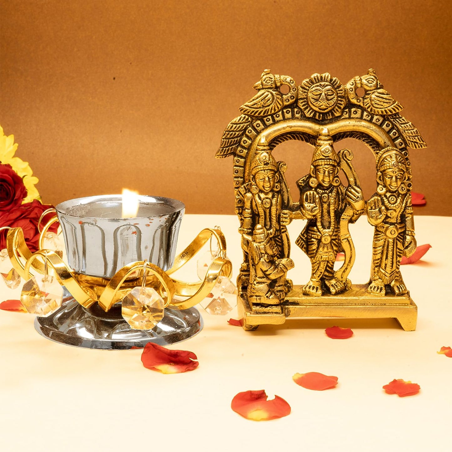 Combo: 100% Pure Brass Ram Darbar Murti & Tealight Holder | Rama Sita Laxman Hanuman Idol | 8.4 cm | Gold