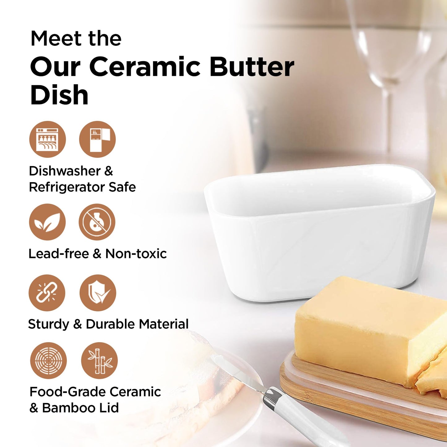 UMAI Ceramic Butter Dish with Lid & Knife (600ml) | Butter/Cheese Box for Fridge | Wooden Airtight Lid with Sealed Silicone Ring | Butter Container | Butter Holder/Case (White, Pack of 1)