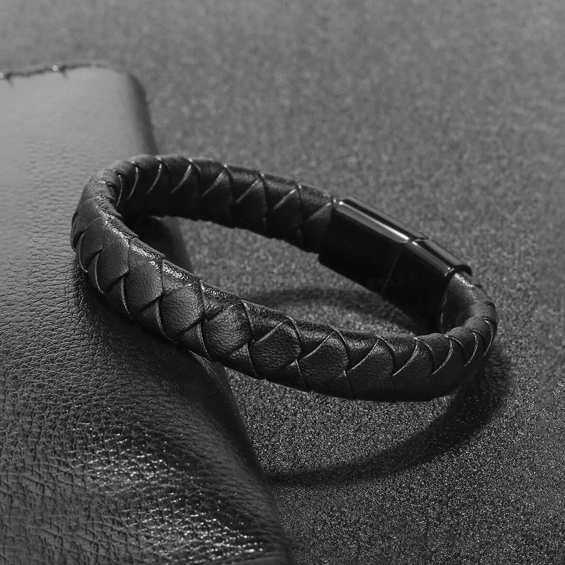 Yellow Chimes black leather wristband - gift for him