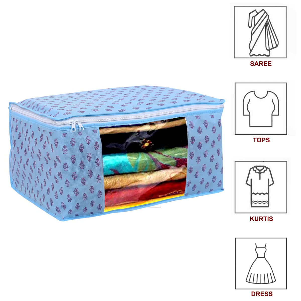 Pack of 6: Floral Print Non-Woven Foldable Saree Covers | Durable | 45 x 32 x 23 cm | Sky Blue