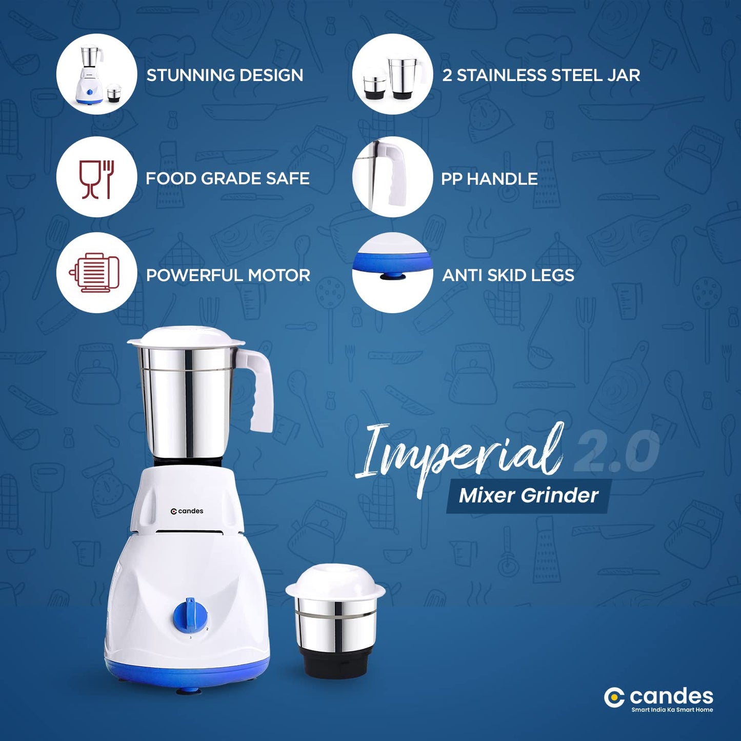 Candes Imperial 550 Watt Mixer Grinder with 2 Jars | Powerful Motor with 1 Year Warranty - White Blue