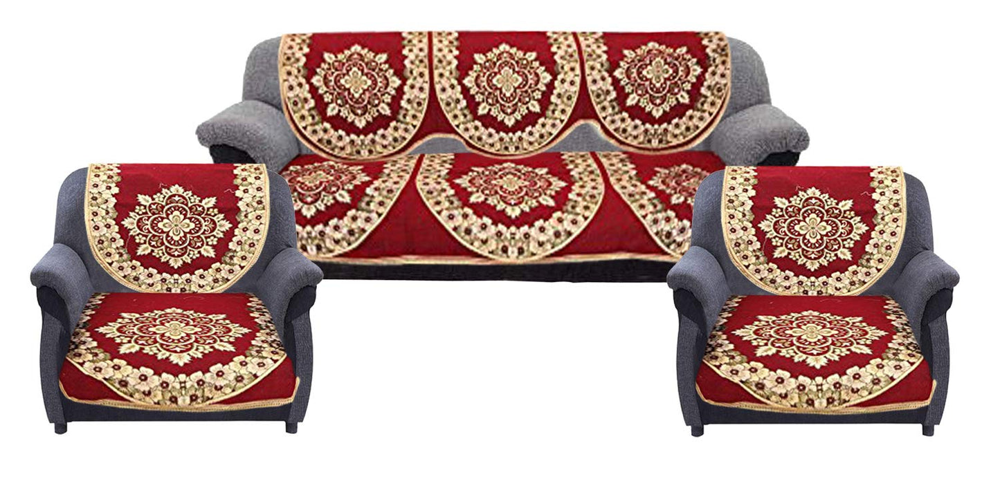6 Piece Cotton Sofa Cover Set - Floral, Washable | Standard Size | Maroon | For Sofa & Chair