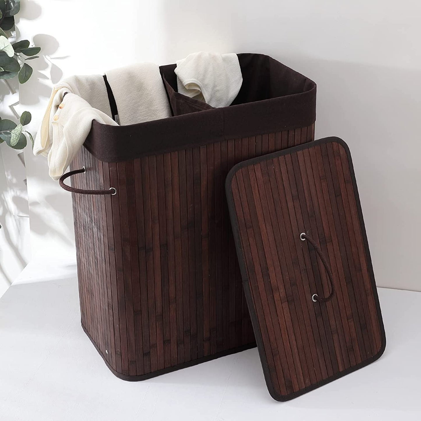 Pack of 2: Bamboo Laundry Baskets - Foldable, Durable Rope Handles | Removable Bag | Dark Brown