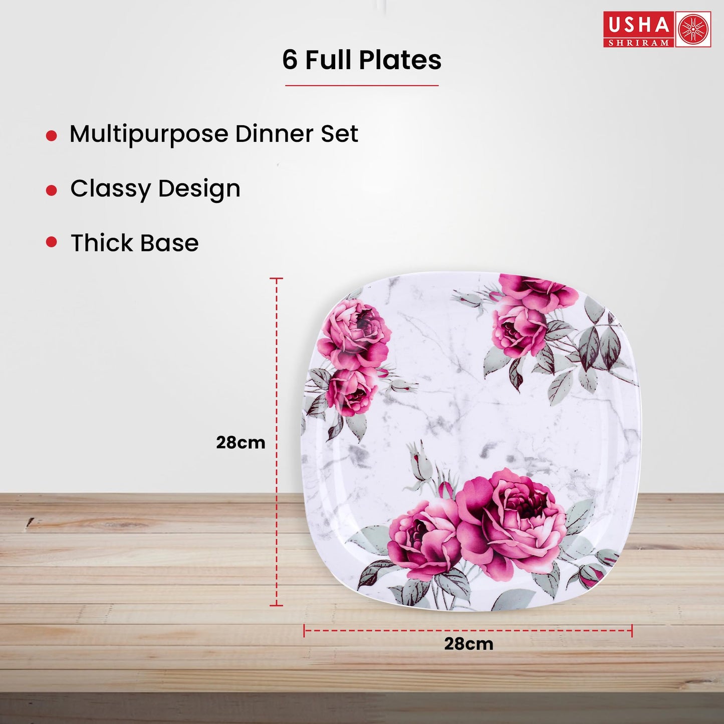 Melamine 6 Plate Set - Unbreakable, Heat Resistant | Square Shape | Serves 6 | Pink Marble Design