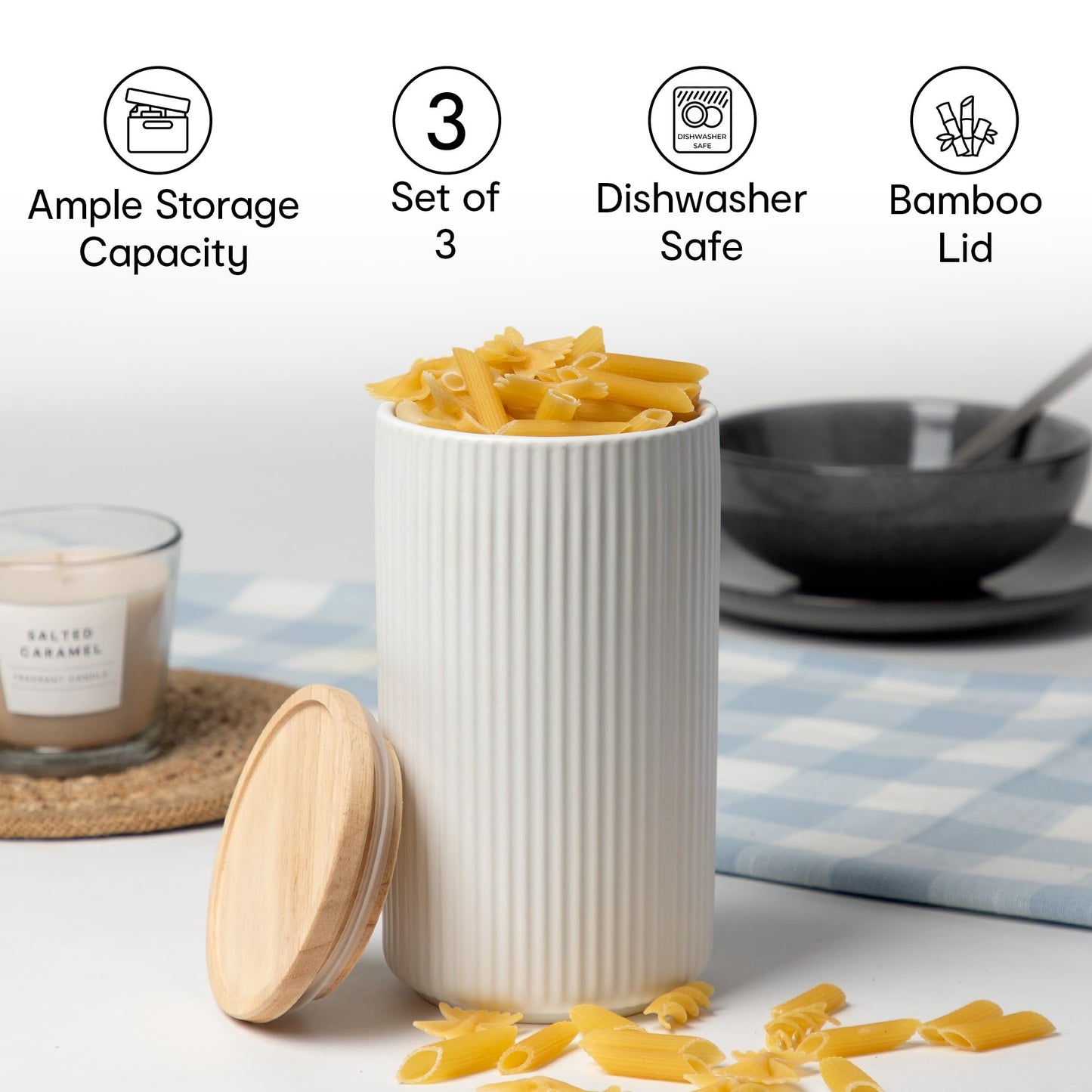 Anko 800Ml Stoneware Ceramic Jars For Kitchen Storage | Airtight Container Set For Kitchen With Rubberwood Lid & Silicone Ring | Kitchen Container For Snacks, Tea, Sugar | Set Of 3, Beige