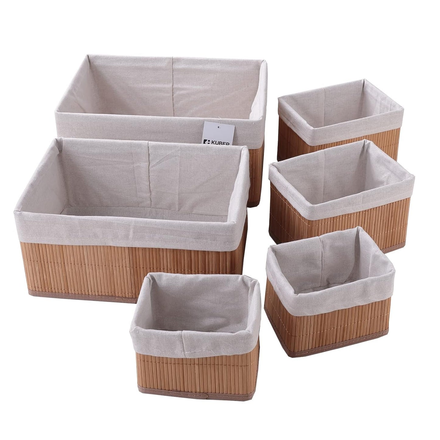 Pack of 6: Bamboo Storage Baskets with Liner | Foldable Organizers for Toiletries | Sizes: 14.9L-1.9L | Natural