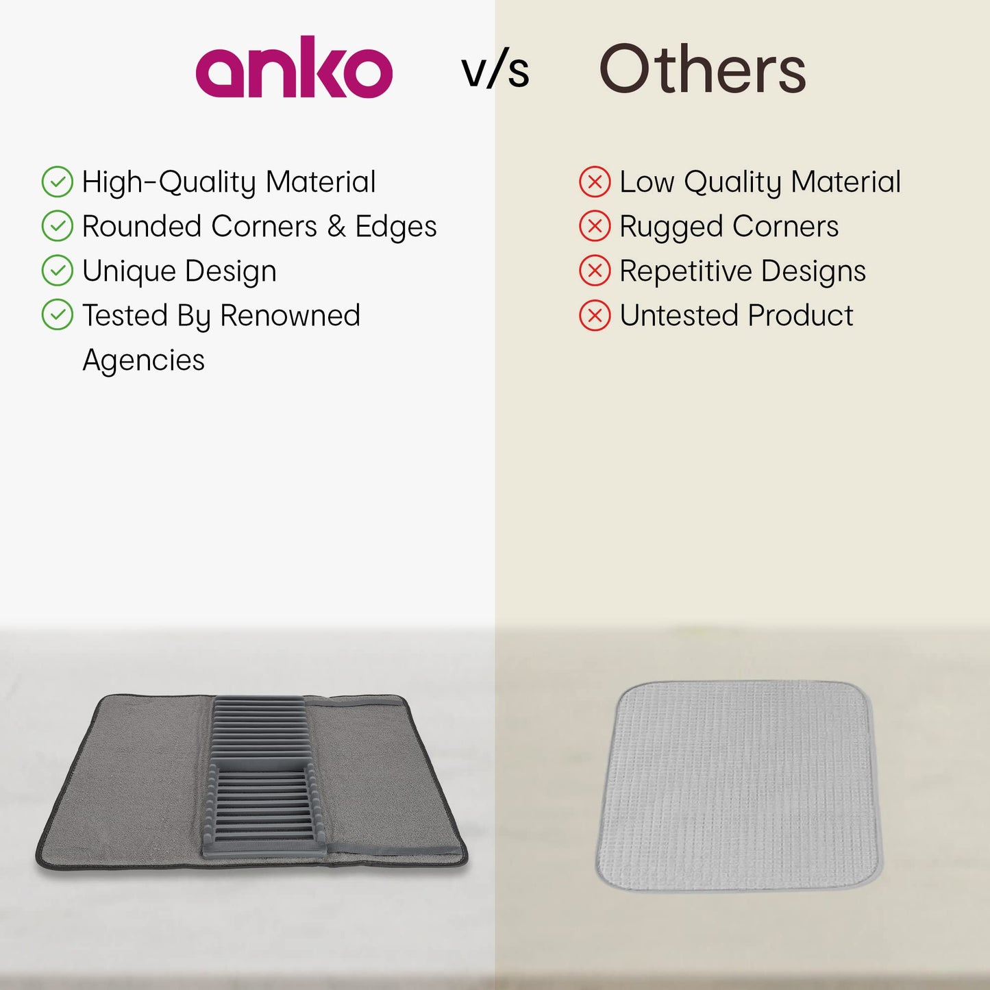 Anko Polyester Drying Mat with Polypropylene Plastic Kitchen Dish Rack | Foldable, Lightweight | BPA-Free | Grey | Drying mat: 60 Cm (L) x 45 Cm (W), Dish Holder: 43 Cm (L) x 17 Cm (W) (1 Pc)