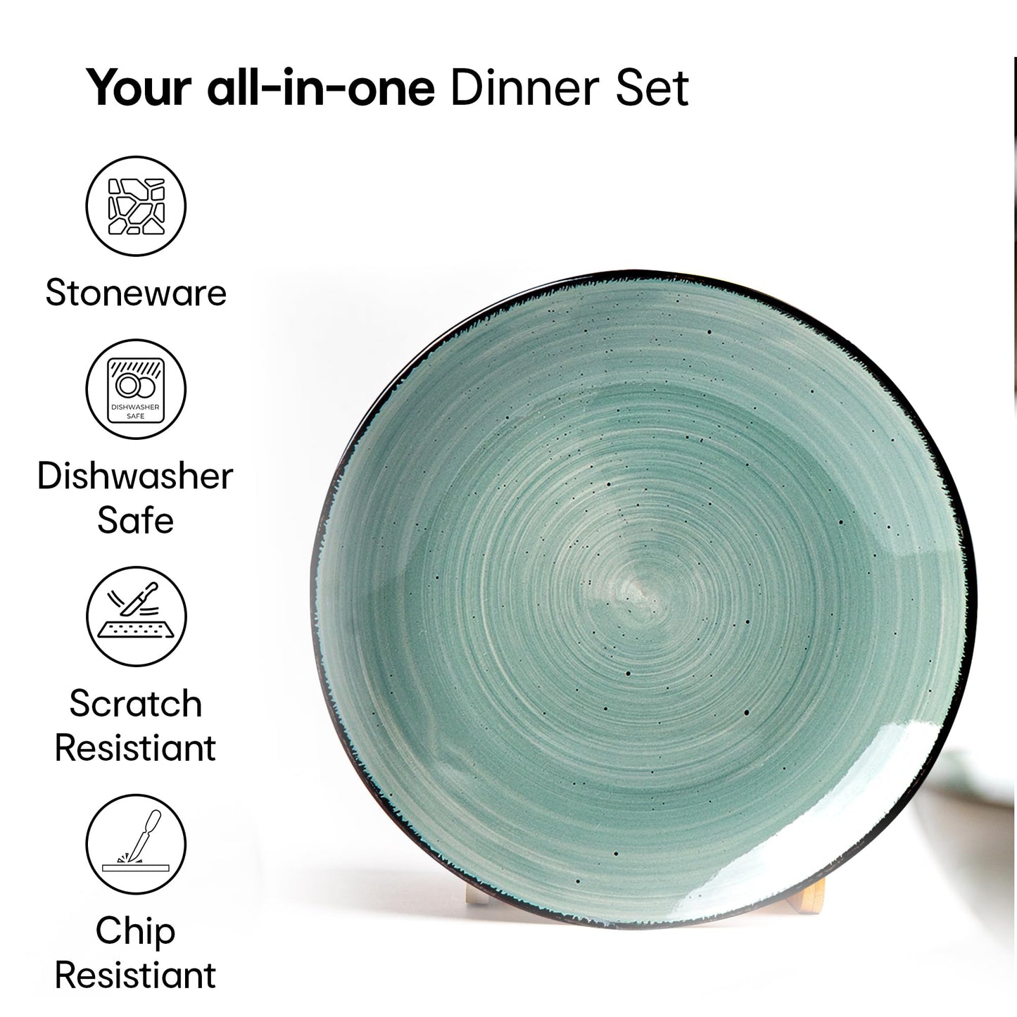 Anko Tapa 12 Pieces Dinner Set | Premium Crockery for Dining Table| Lead & Cadmium Free, Microwave & Dishwasher Safe| Stoneware| Matt Glaze Finish | 4 Dinner Plates, 4 Side Plates, 4 Bowls | Green