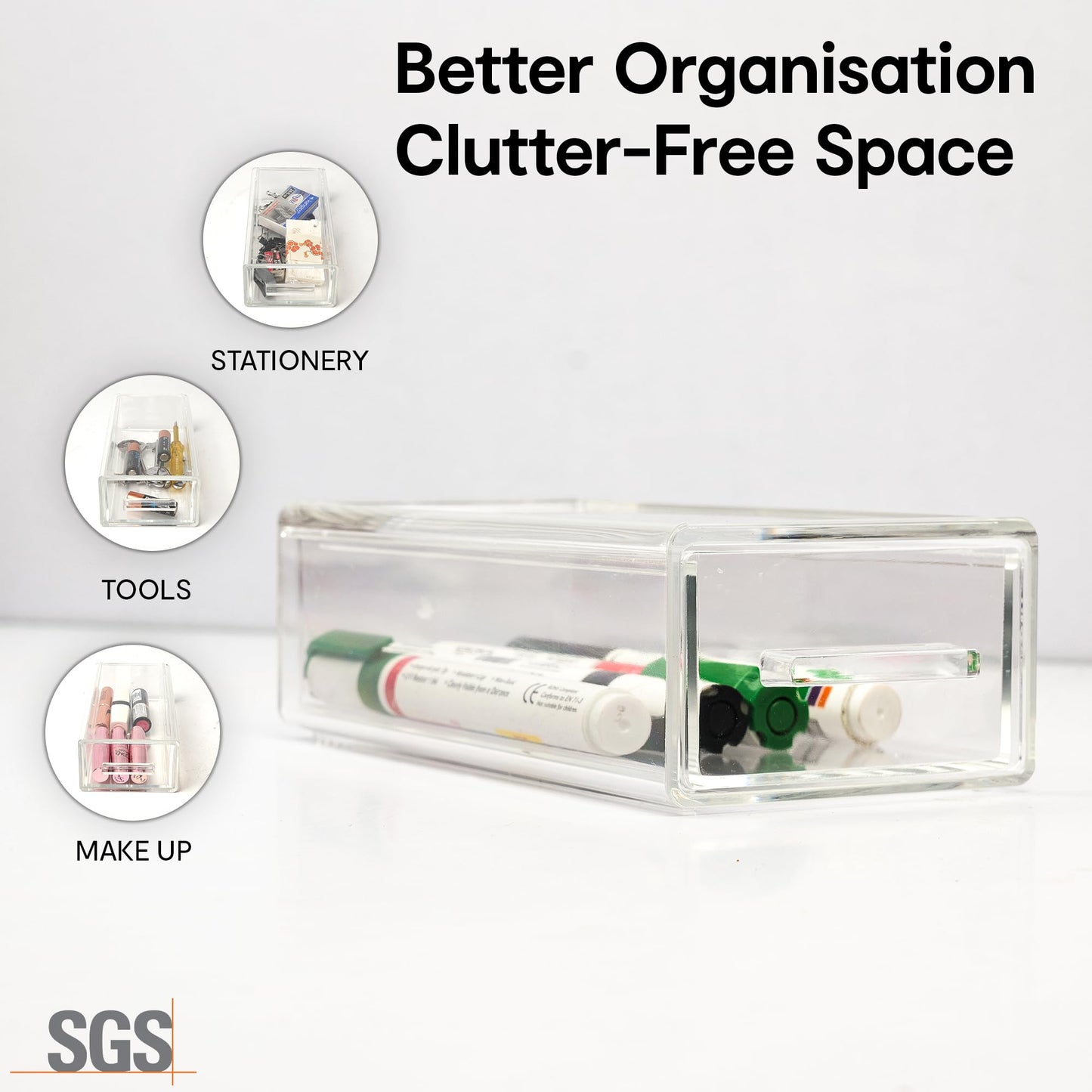 Pack of 2: Clear Pull-Out Storage Drawer Organizer | Stackable Design for Makeup, Office | 2.1x3.54x7.4 in | Clear