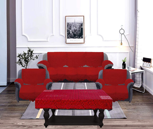 Combo: Square Design Cotton Sofa Covers with 6 Arm Covers | Set of 17 | 3 & 2 Seater | Maroon