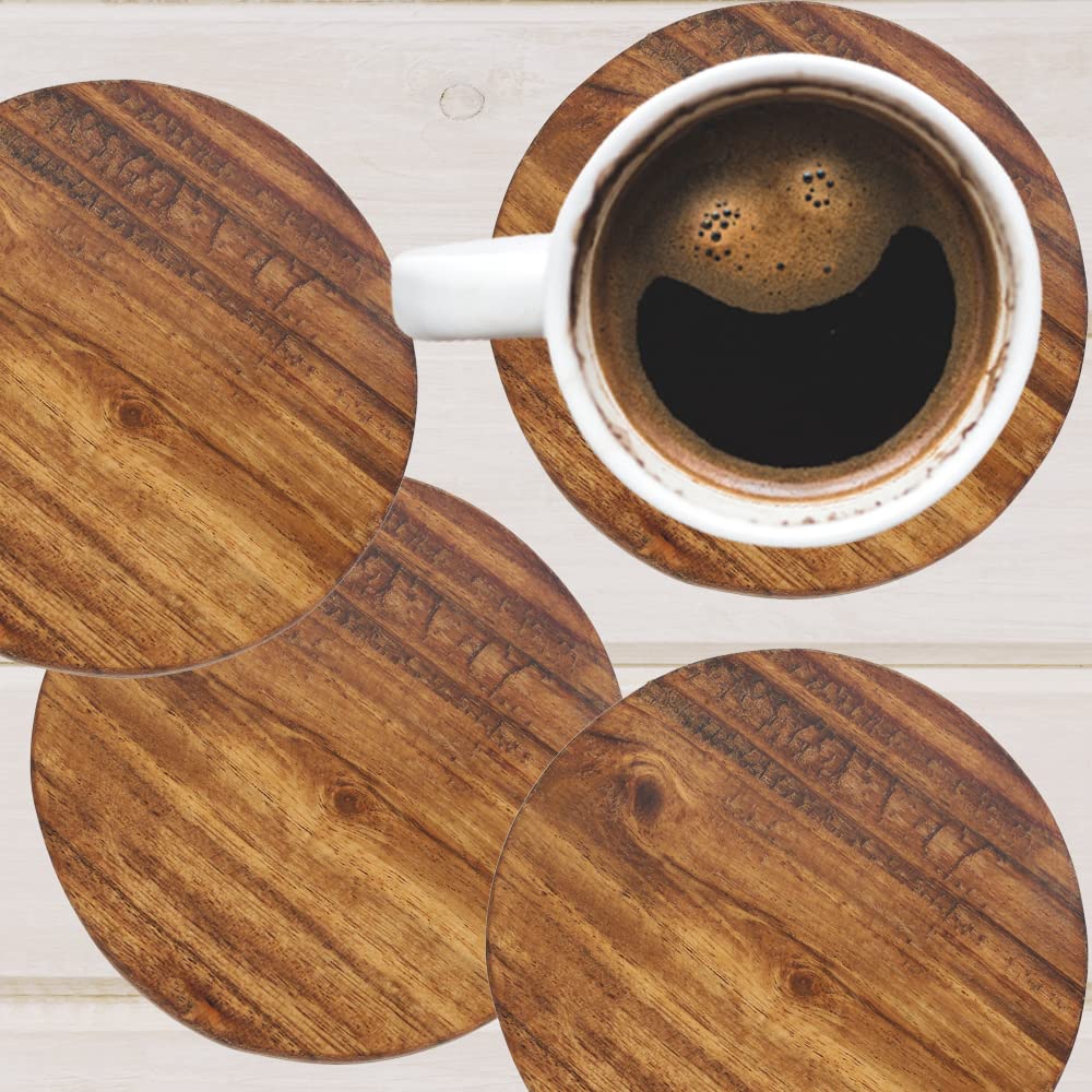 Set of 4: Reversible Acacia Wood Tea/Coffee Coasters - Stain & Heat Resistant | 10cm Dia | Natural