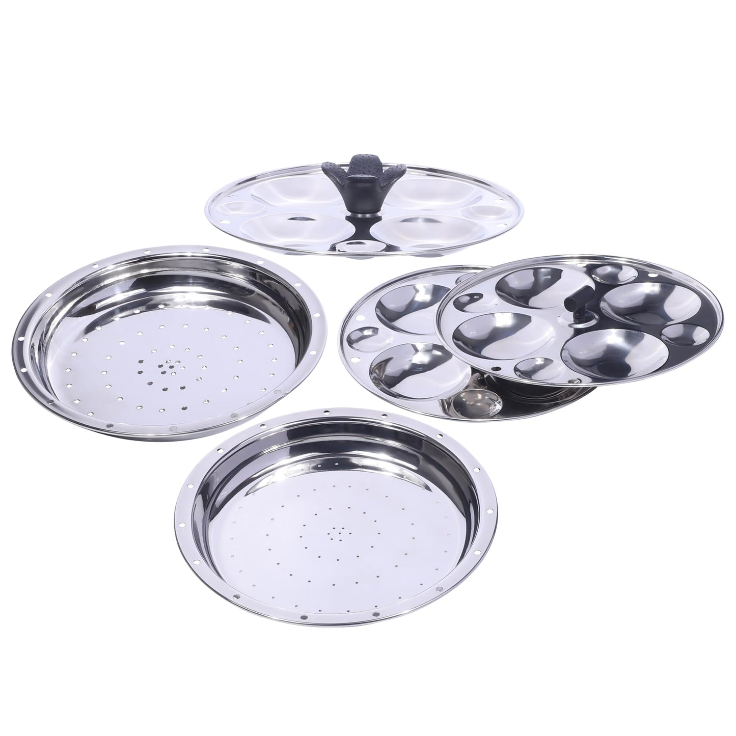 USHA SHRIRAM Stainless Steel Idli Cooker Kadai (5 Plate) | 3 Idli Plates (12 Big, 12 Button Idlis), 2 Momo/Idiyappam Plates | Idly Maker Momo Steamer | Multi Kadai for Idli, Dhokla,Mini Idlies, Modaks